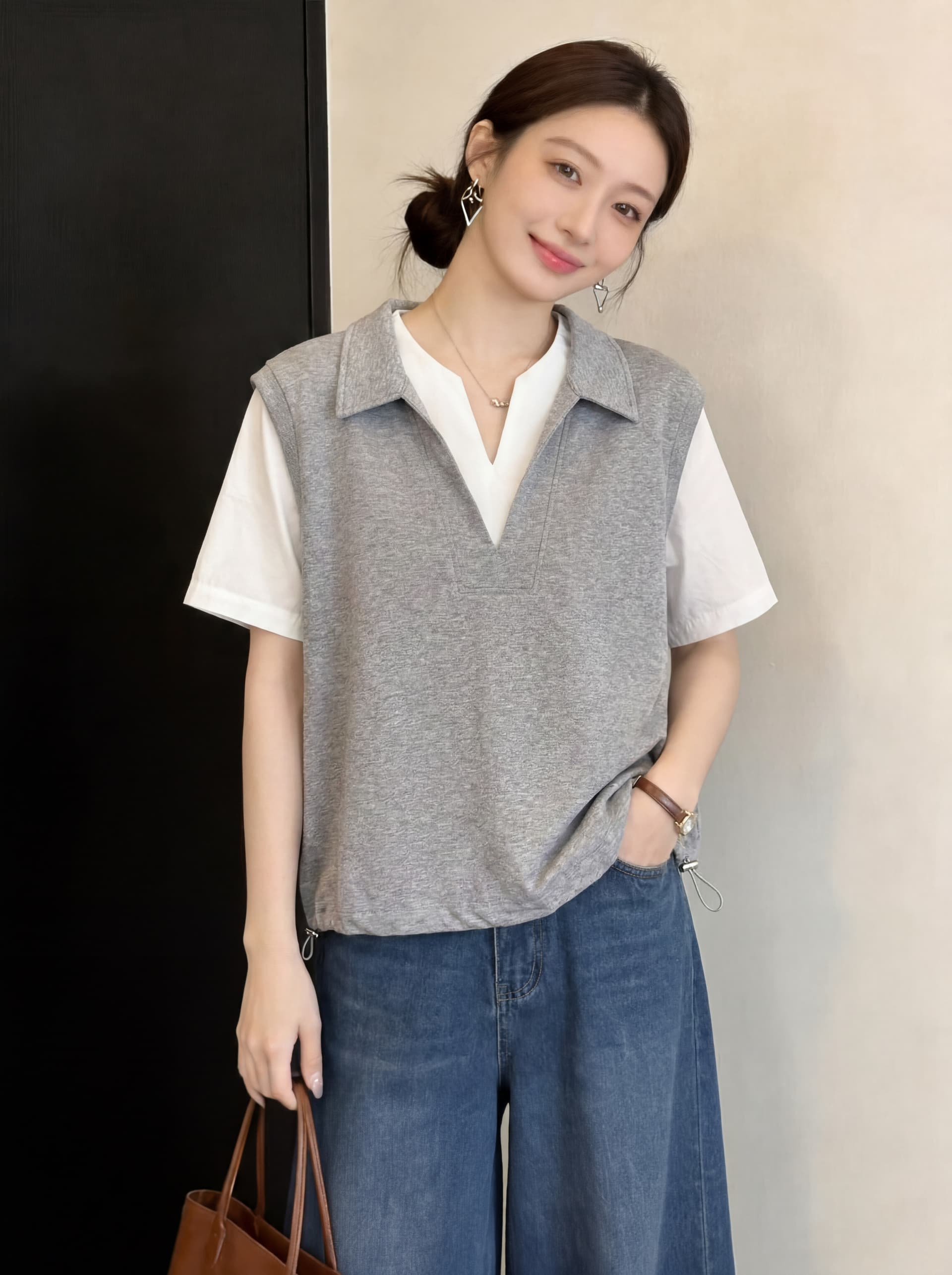 실사 빅 사이즈 새로운 디자인 센스 지방 mm 셔츠 패치워크 V넥 캐주얼 반팔 페이크 레이어드 표지 고기 슬림해 보이는 맨위 상세 이미지 9