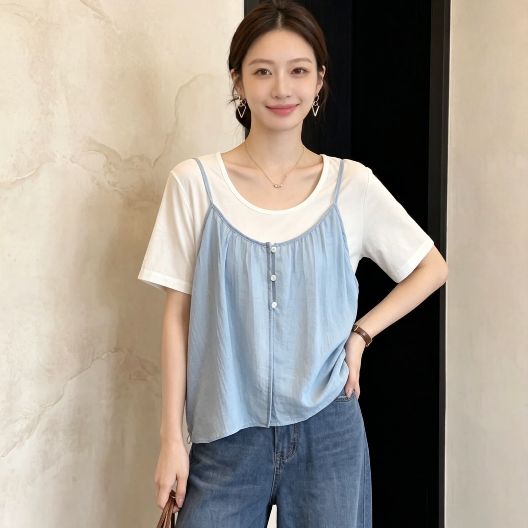 실사 빅 사이즈 지방 mm 새로운 디자인 센스 슬립 배색 투피스 세트 여름 달콤한 스타일 표지 고기 슬림해 보이는 맨위 이미지 5