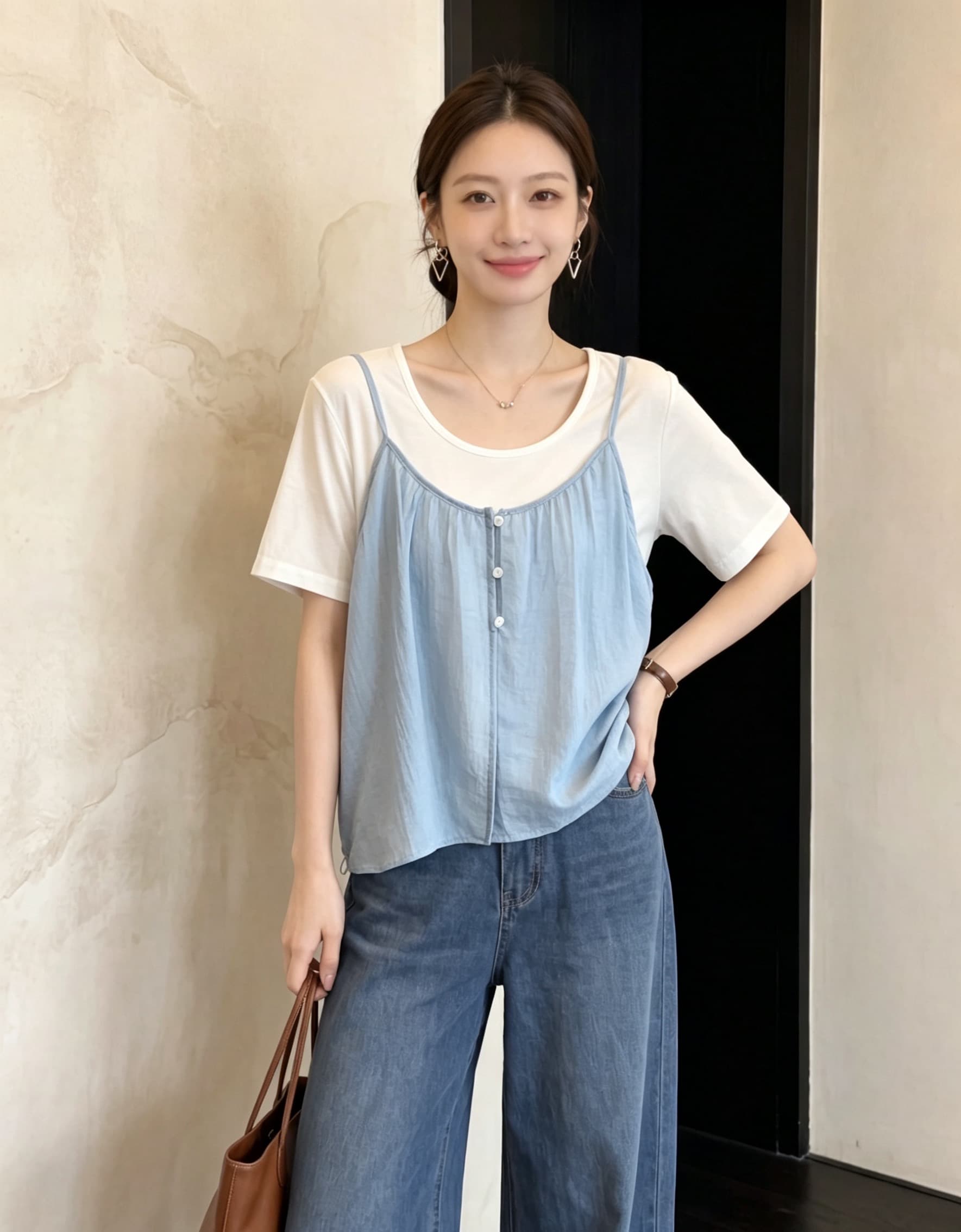 실사 빅 사이즈 지방 mm 새로운 디자인 센스 슬립 배색 투피스 세트 여름 달콤한 스타일 표지 고기 슬림해 보이는 맨위 상세 이미지 2
