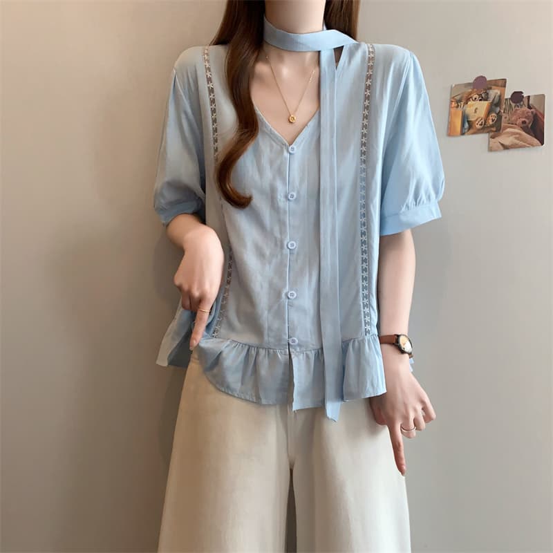 실사 빅 사이즈 새로운 디자인 센스 지방 mm 프릴 행침 목 리본 V넥 거품 소매 슬림해 보이는 표지 배 맨위 여성 이미지 2