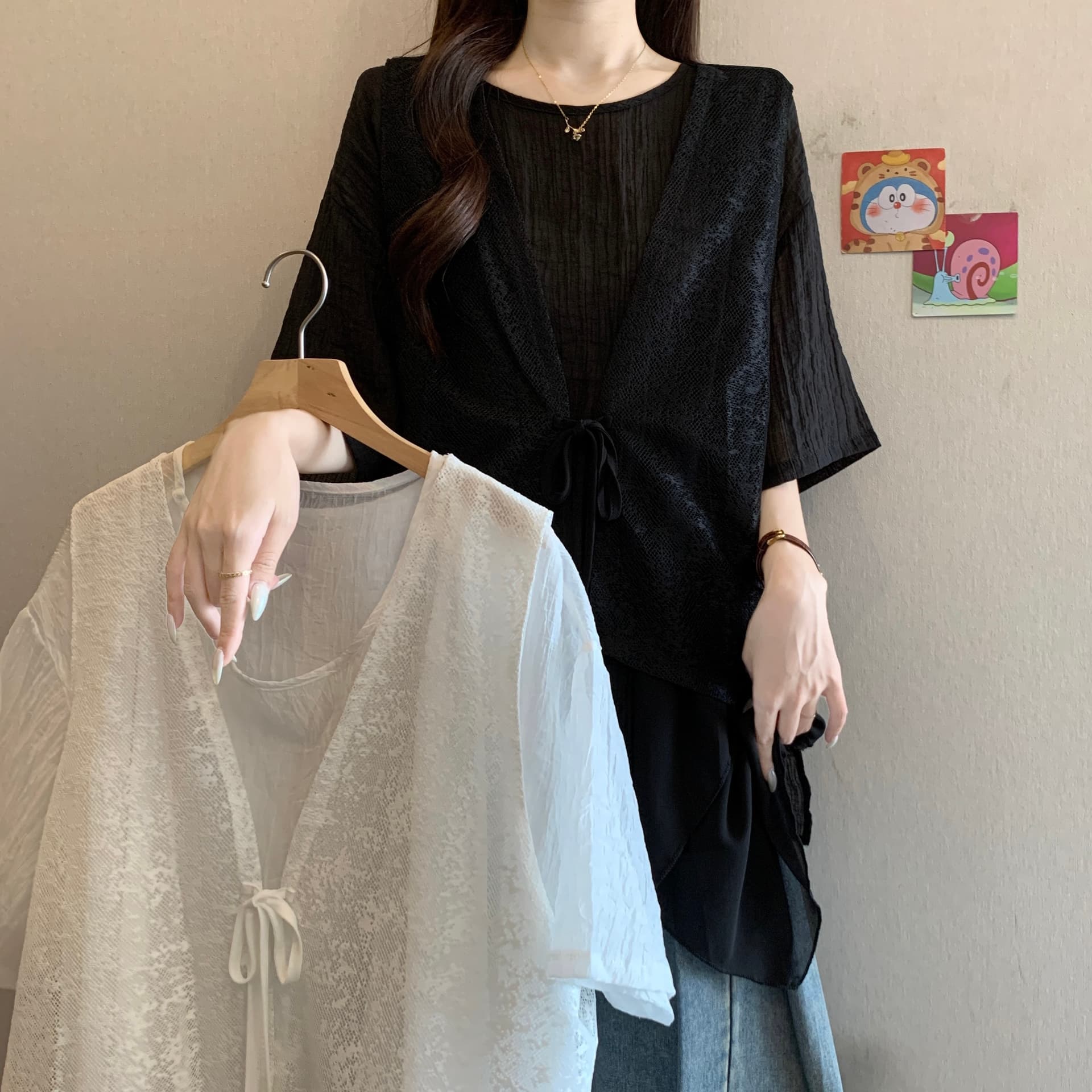 실사 빅 사이즈 지방 mm 새로운 패션 고급 센스 베스트 얇고 가벼운 쉬폰 투피스 세트 표지 고기 슬림해 보이는 맨위 여성 상세 이미지 11