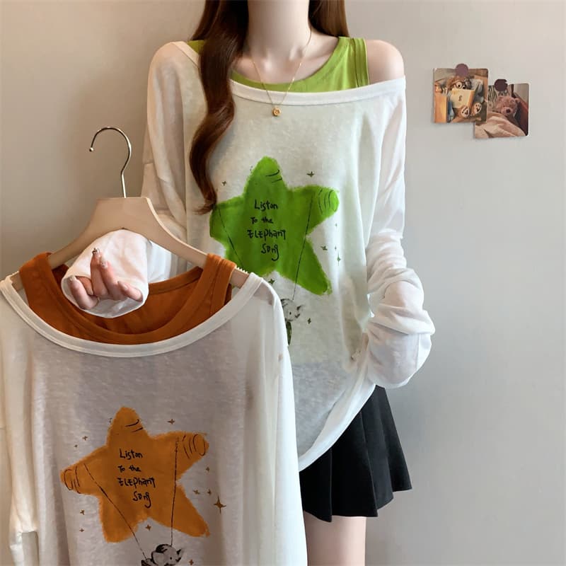 실사 빅 사이즈 새로운 디자인 센스 지방 mm 얼음 실크 Tulle 프린트 태양 보호 셔츠 여성 인사이드 가져 가라. 투피스 조끼 상세 이미지 7