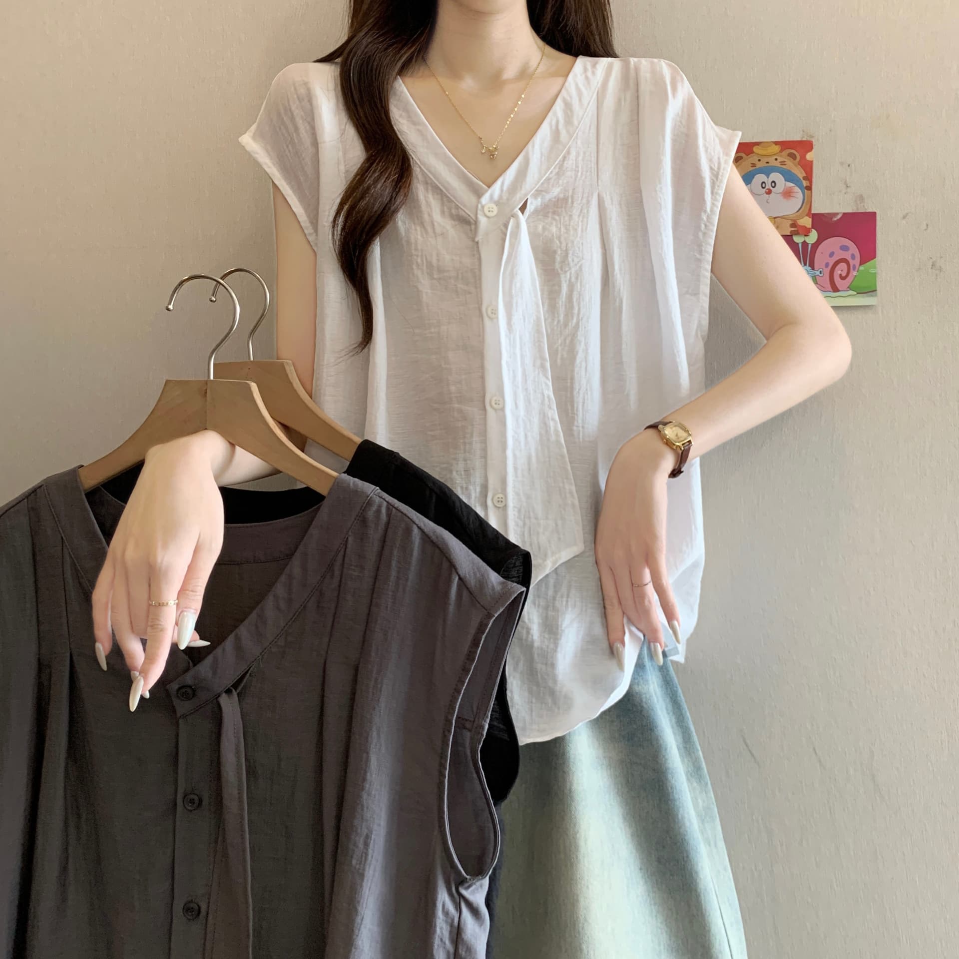 실사 빅 사이즈 지방 mm 새로운 디자인 센스 리본 V넥 작은 셔츠 패션 품격 여름 얇은 스타일 셔츠 맨위 여성 상세 이미지 14
