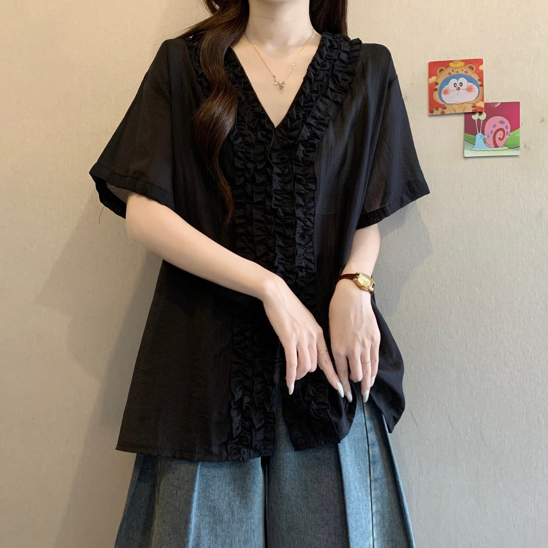 실사 빅 사이즈 지방 mm 새로운 디자인 센스 프랑스식 레트로 프릴 V 넥 셔츠 표지 고기 슬림해 보이는 다용도 맨위 상세 이미지 10