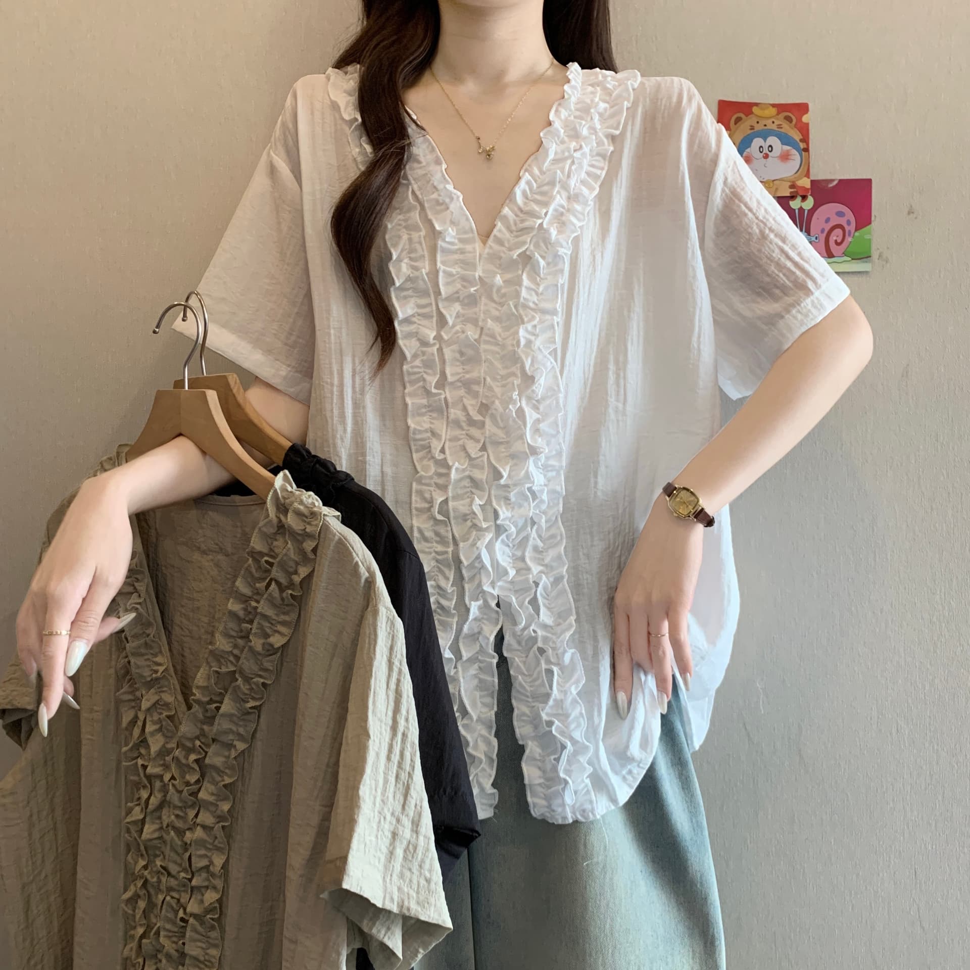 실사 빅 사이즈 지방 mm 새로운 디자인 센스 프랑스식 레트로 프릴 V 넥 셔츠 표지 고기 슬림해 보이는 다용도 맨위 상세 이미지 19