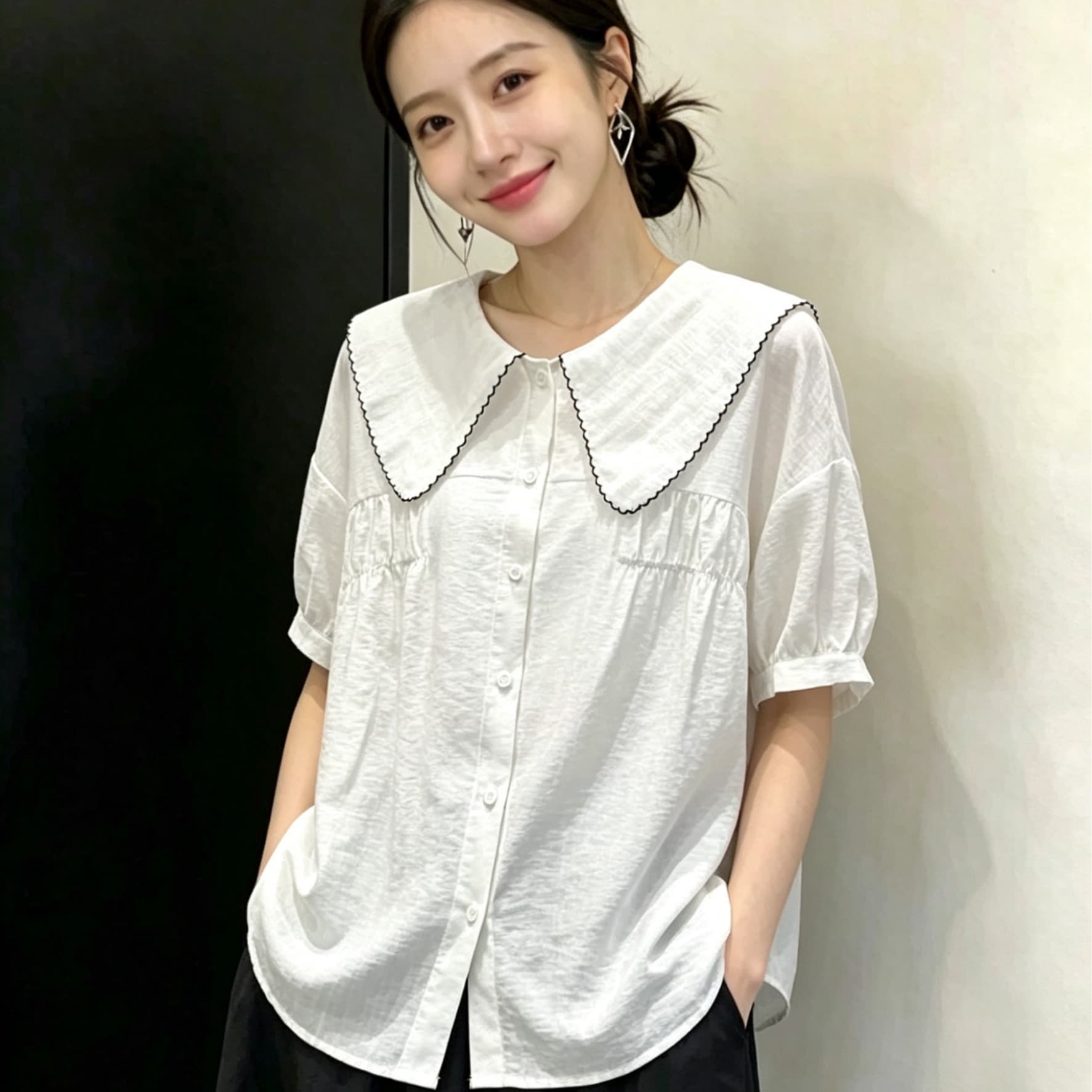 실사 빅 사이즈 새로운 디자인 센스 지방 mm 해군 칼라 자수 싱글 줄 버튼 셔츠 루즈핏 슬림해 보이는 다용도 맨위 이미지 5