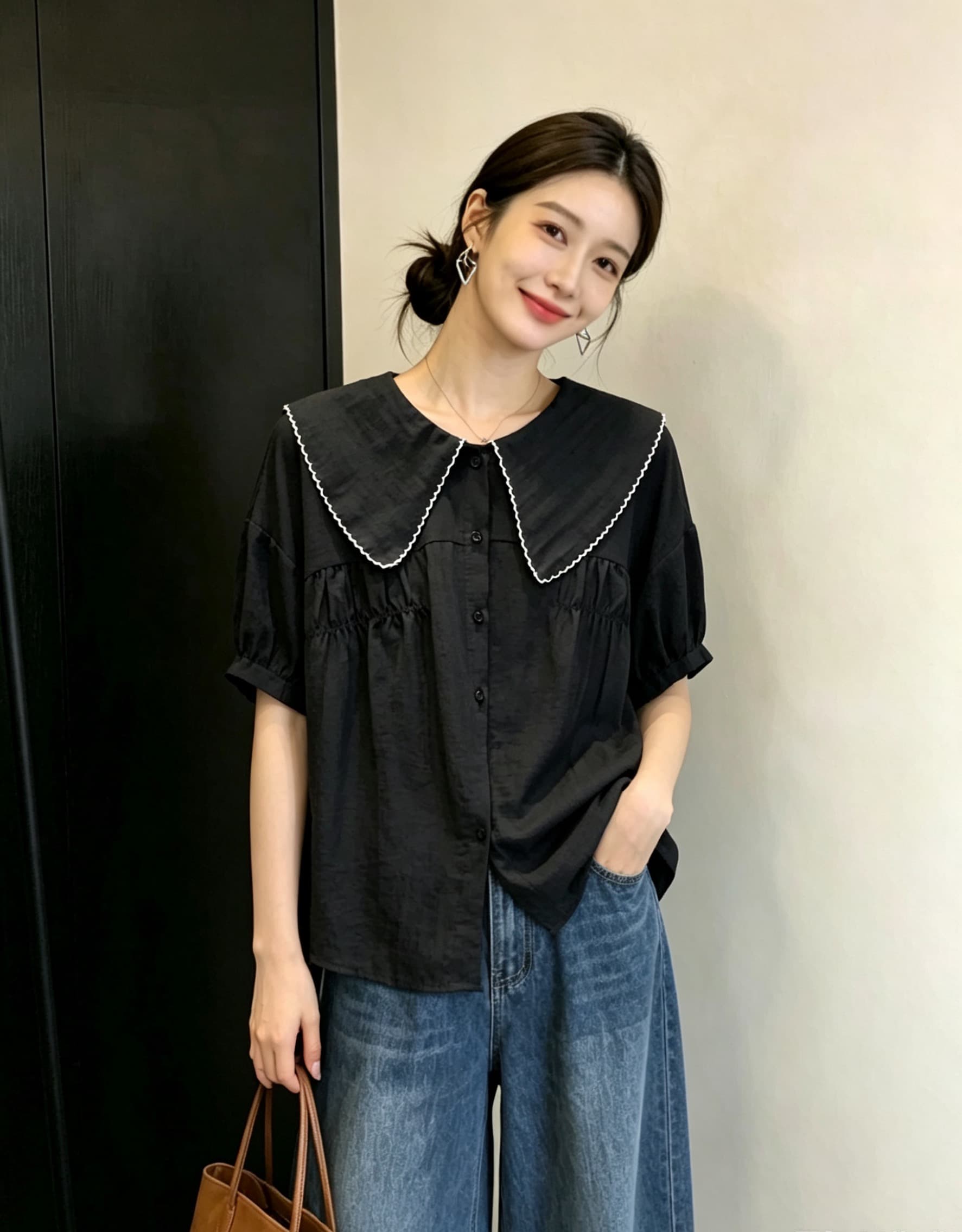 실사 빅 사이즈 새로운 디자인 센스 지방 mm 해군 칼라 자수 싱글 줄 버튼 셔츠 루즈핏 슬림해 보이는 다용도 맨위 상세 이미지 2
