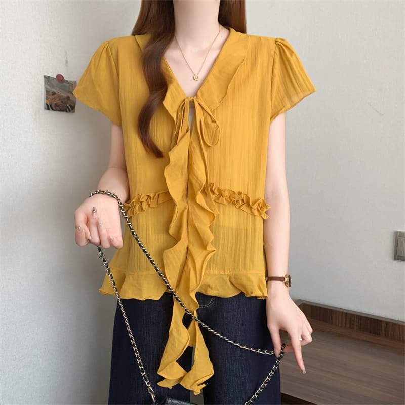 실사 빅 사이즈 새로운 디자인 센스 지방 mm 달콤함 프릴 레이스업 여성 셔츠 루즈핏 슬림해 보이는 반팔 맨위 상세 이미지 5