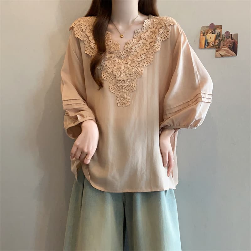실사 빅 사이즈 새로운 디자인 센스 지방 mm 캐주얼 루즈핏 레이스 칼라 패치워크 맨위 슬림해 보이는 다용도 셔츠 여성 이미지 4
