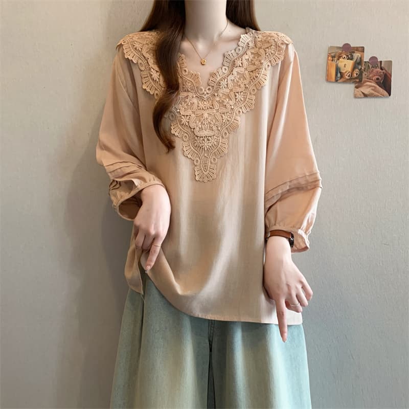실사 빅 사이즈 새로운 디자인 센스 지방 mm 캐주얼 루즈핏 레이스 칼라 패치워크 맨위 슬림해 보이는 다용도 셔츠 여성 이미지 5