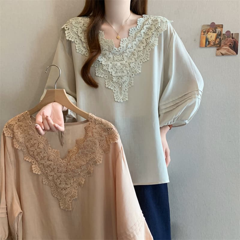 실사 빅 사이즈 새로운 디자인 센스 지방 mm 캐주얼 루즈핏 레이스 칼라 패치워크 맨위 슬림해 보이는 다용도 셔츠 여성 상세 이미지 9