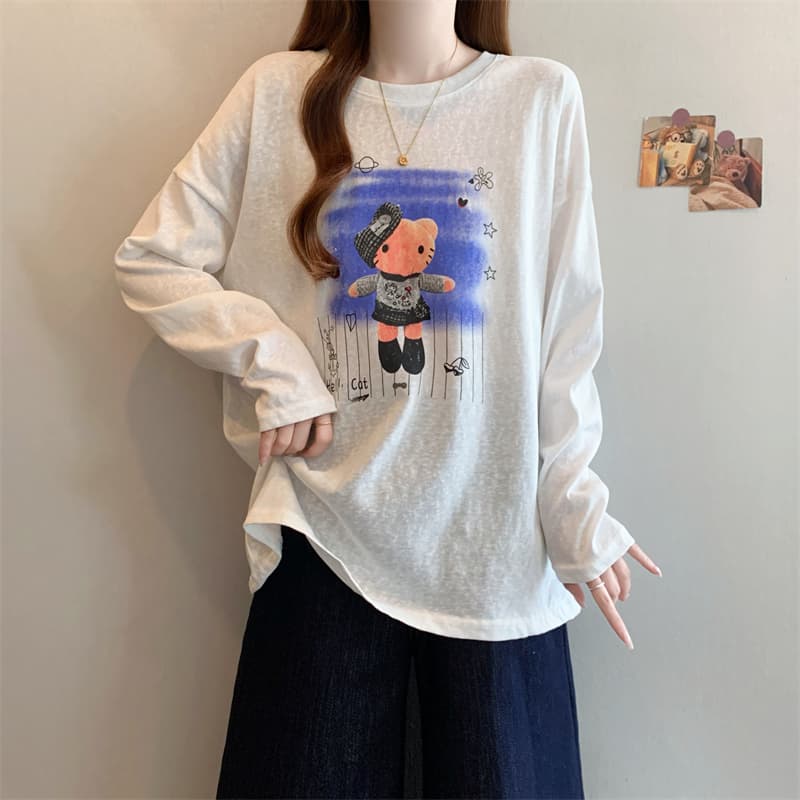 실사 빅 사이즈 새로운 디자인 센스 눈꽃 면 지방 mm 긴팔 루즈핏 프린트 맨위 슬림해 보이는 다용도 티셔츠 여성