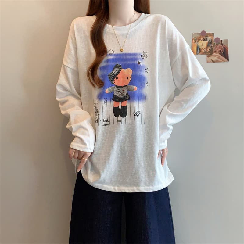 실사 빅 사이즈 새로운 디자인 센스 눈꽃 면 지방 mm 긴팔 루즈핏 프린트 맨위 슬림해 보이는 다용도 티셔츠 여성 이미지 2