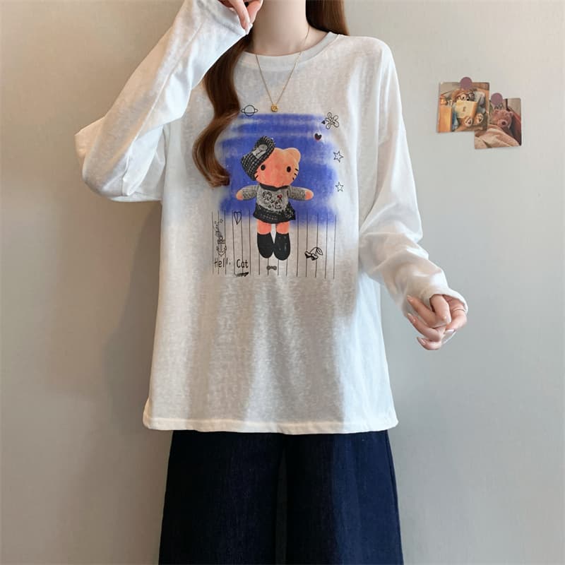 실사 빅 사이즈 새로운 디자인 센스 눈꽃 면 지방 mm 긴팔 루즈핏 프린트 맨위 슬림해 보이는 다용도 티셔츠 여성 이미지 4