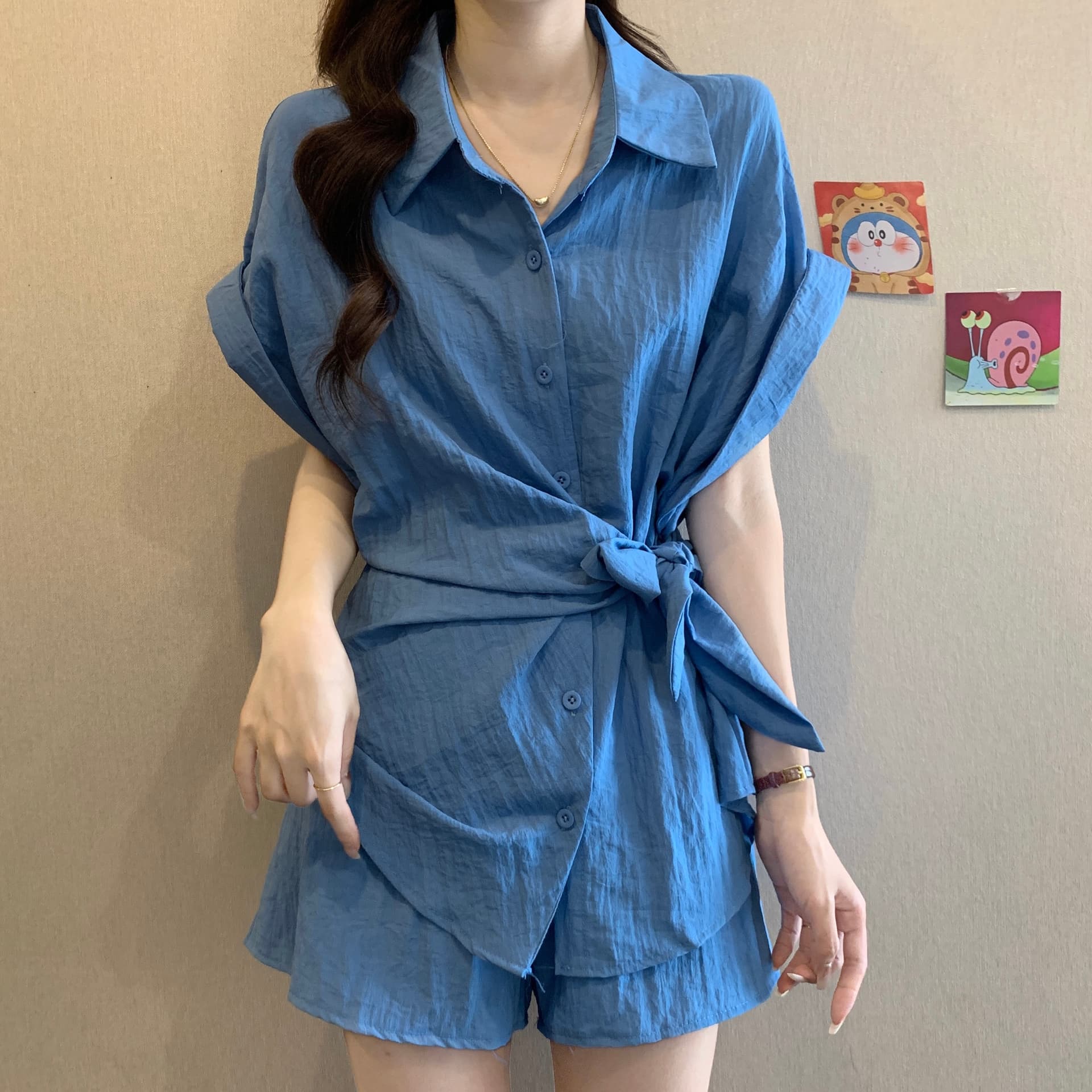 불규칙 레이스업 허리 수축 셔츠 반바지 세트 여성 여름 빅 사이즈 통통한 여동생 패션 품격 슬림해 보이는 투피스 세트 상세 이미지 7