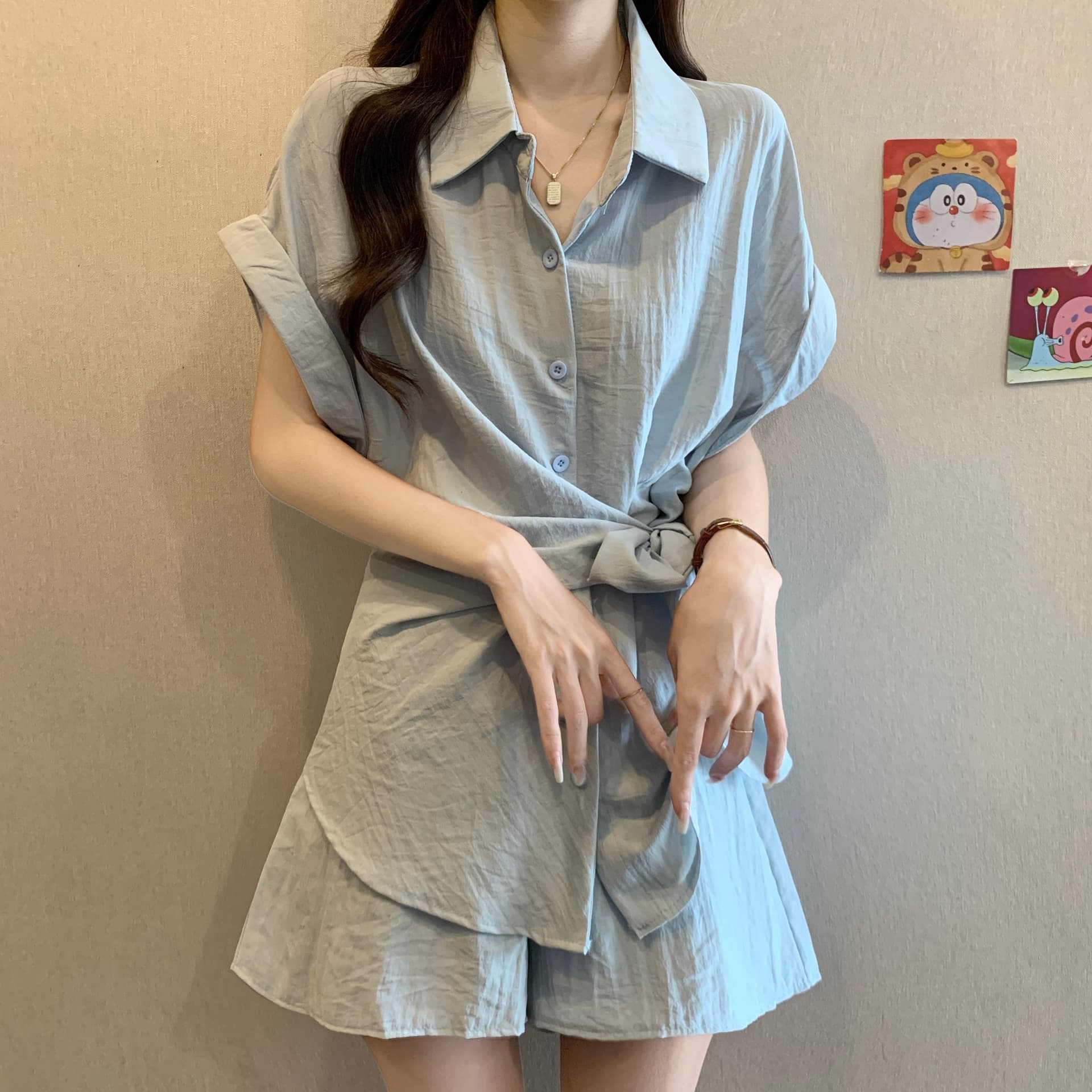 불규칙 레이스업 허리 수축 셔츠 반바지 세트 여성 여름 빅 사이즈 통통한 여동생 패션 품격 슬림해 보이는 투피스 세트 상세 이미지 9