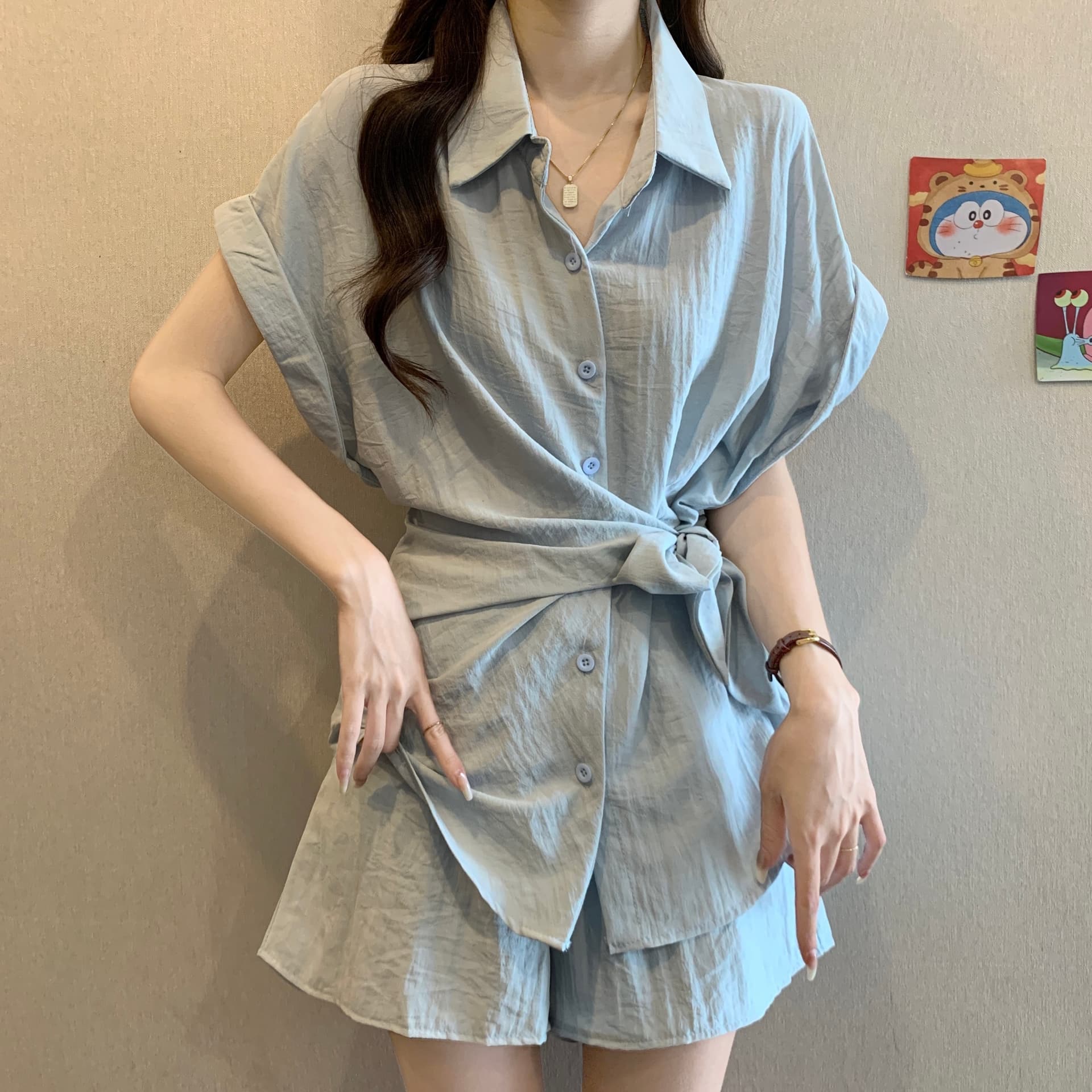 불규칙 레이스업 허리 수축 셔츠 반바지 세트 여성 여름 빅 사이즈 통통한 여동생 패션 품격 슬림해 보이는 투피스 세트 상세 이미지 10