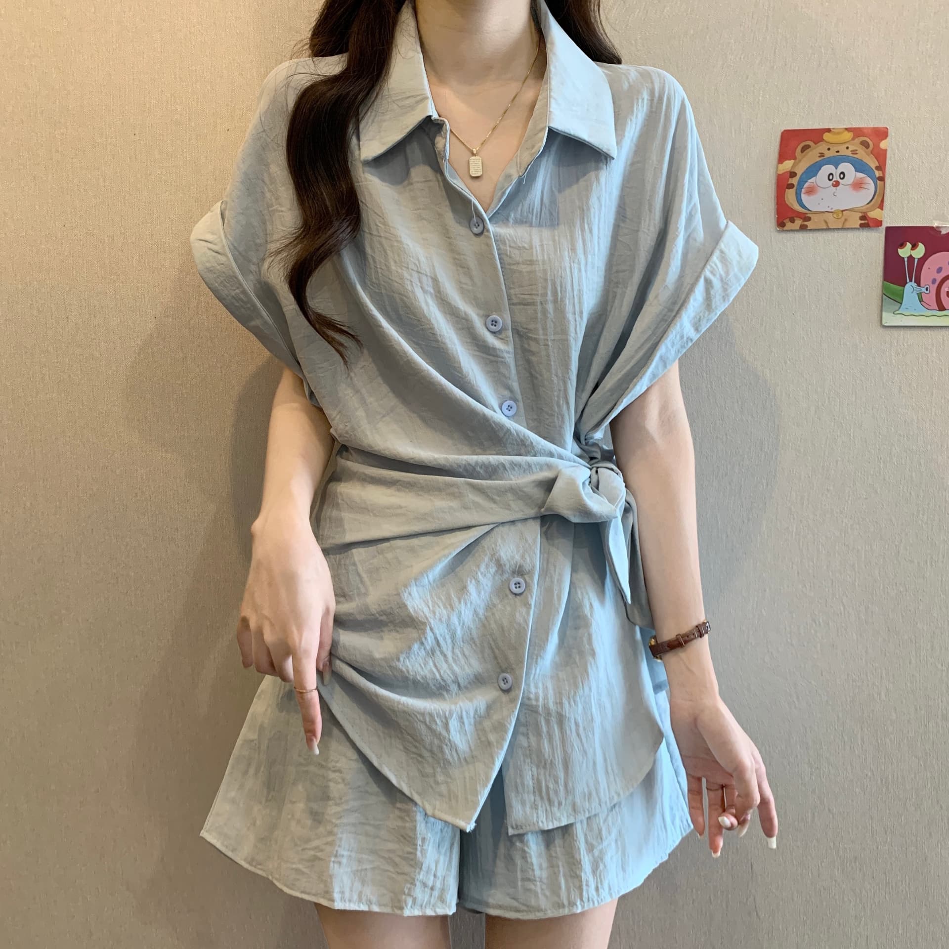 불규칙 레이스업 허리 수축 셔츠 반바지 세트 여성 여름 빅 사이즈 통통한 여동생 패션 품격 슬림해 보이는 투피스 세트 상세 이미지 11