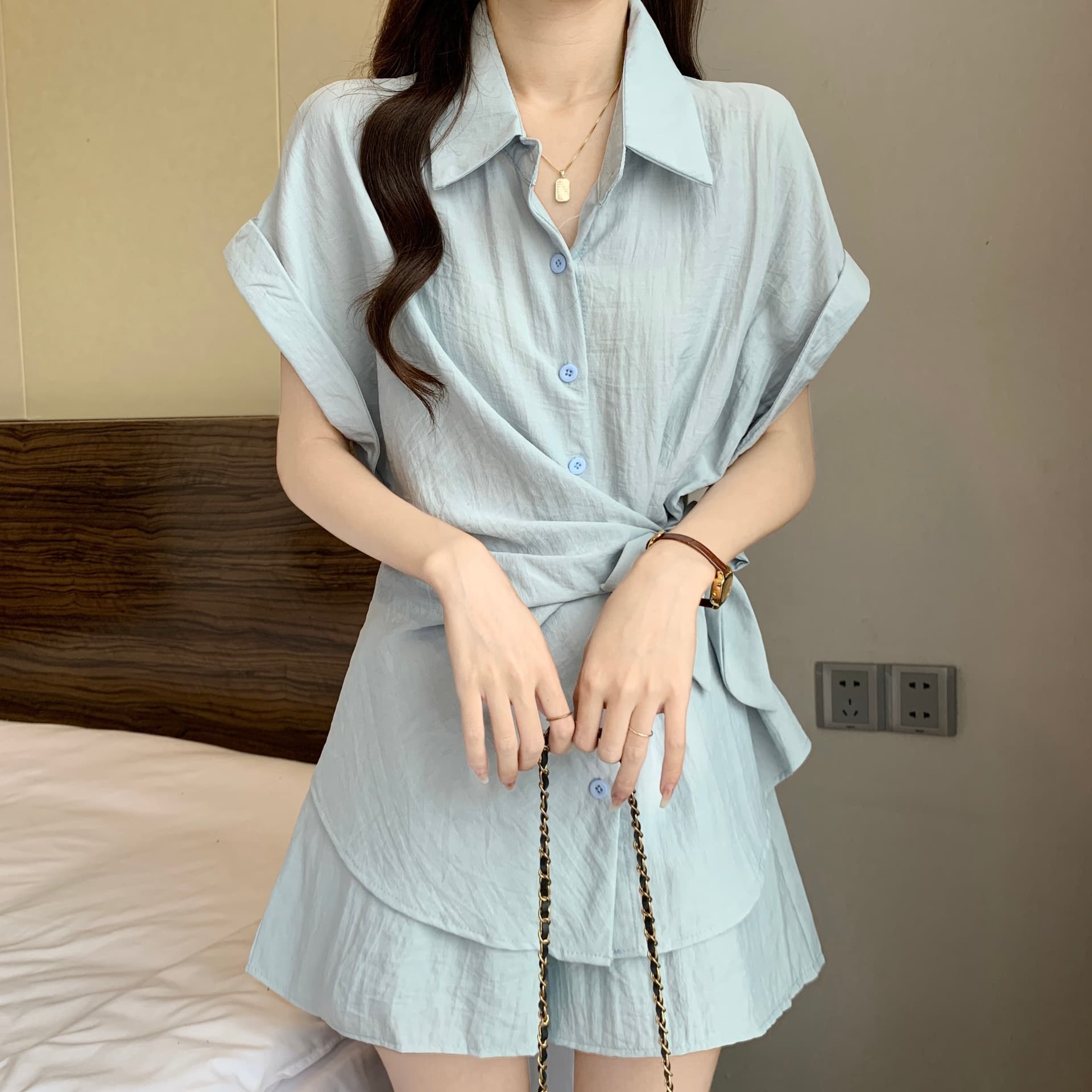 불규칙 레이스업 허리 수축 셔츠 반바지 세트 여성 여름 빅 사이즈 통통한 여동생 패션 품격 슬림해 보이는 투피스 세트 상세 이미지 15