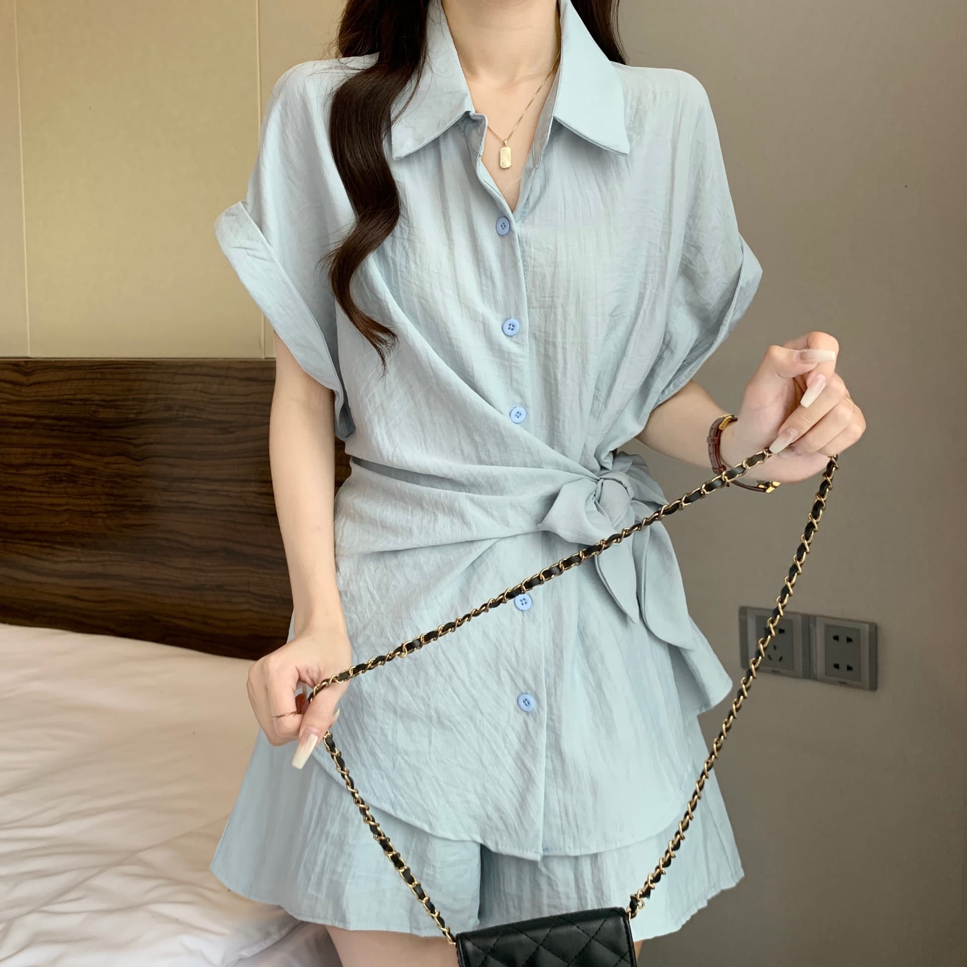 불규칙 레이스업 허리 수축 셔츠 반바지 세트 여성 여름 빅 사이즈 통통한 여동생 패션 품격 슬림해 보이는 투피스 세트 상세 이미지 16