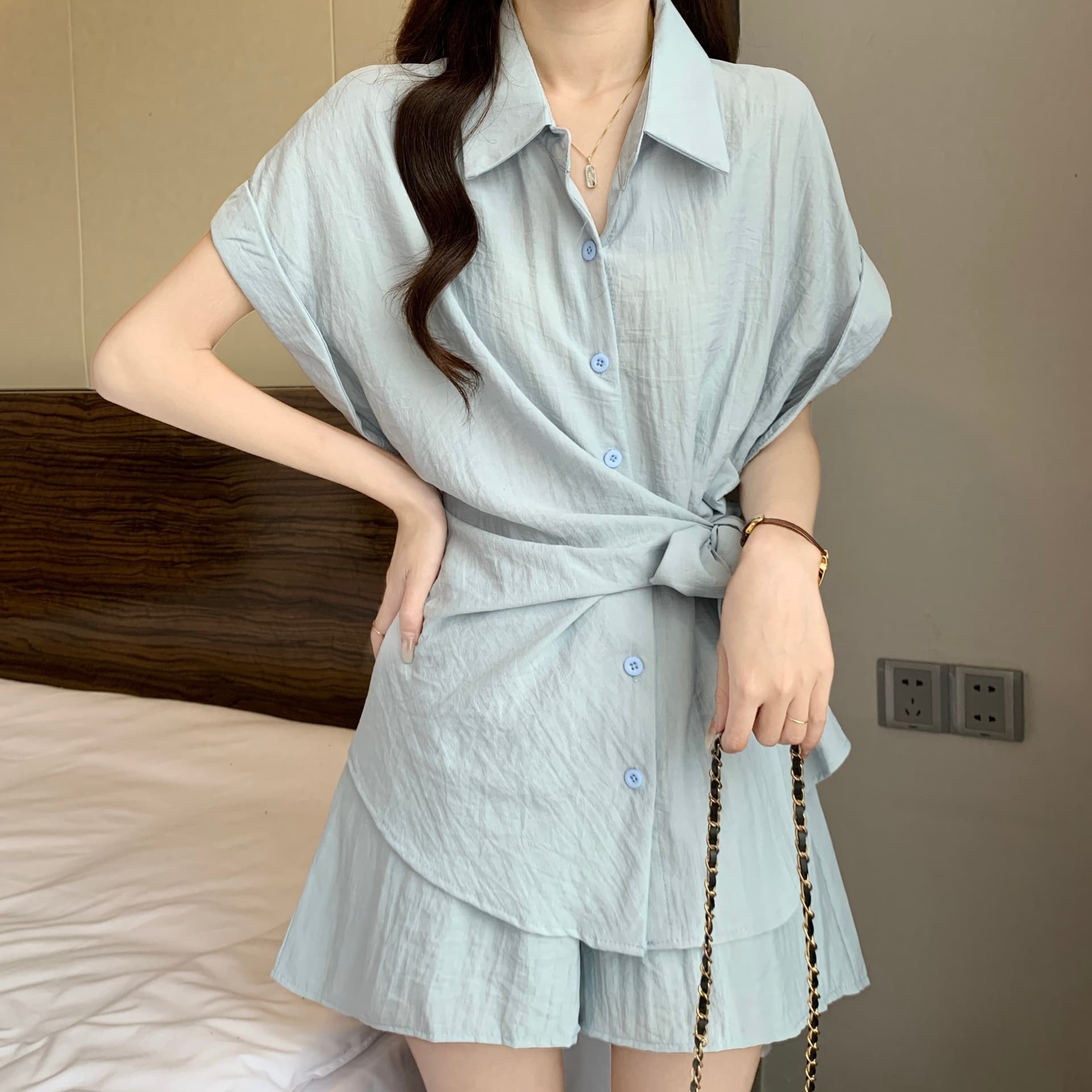 불규칙 레이스업 허리 수축 셔츠 반바지 세트 여성 여름 빅 사이즈 통통한 여동생 패션 품격 슬림해 보이는 투피스 세트 상세 이미지 17