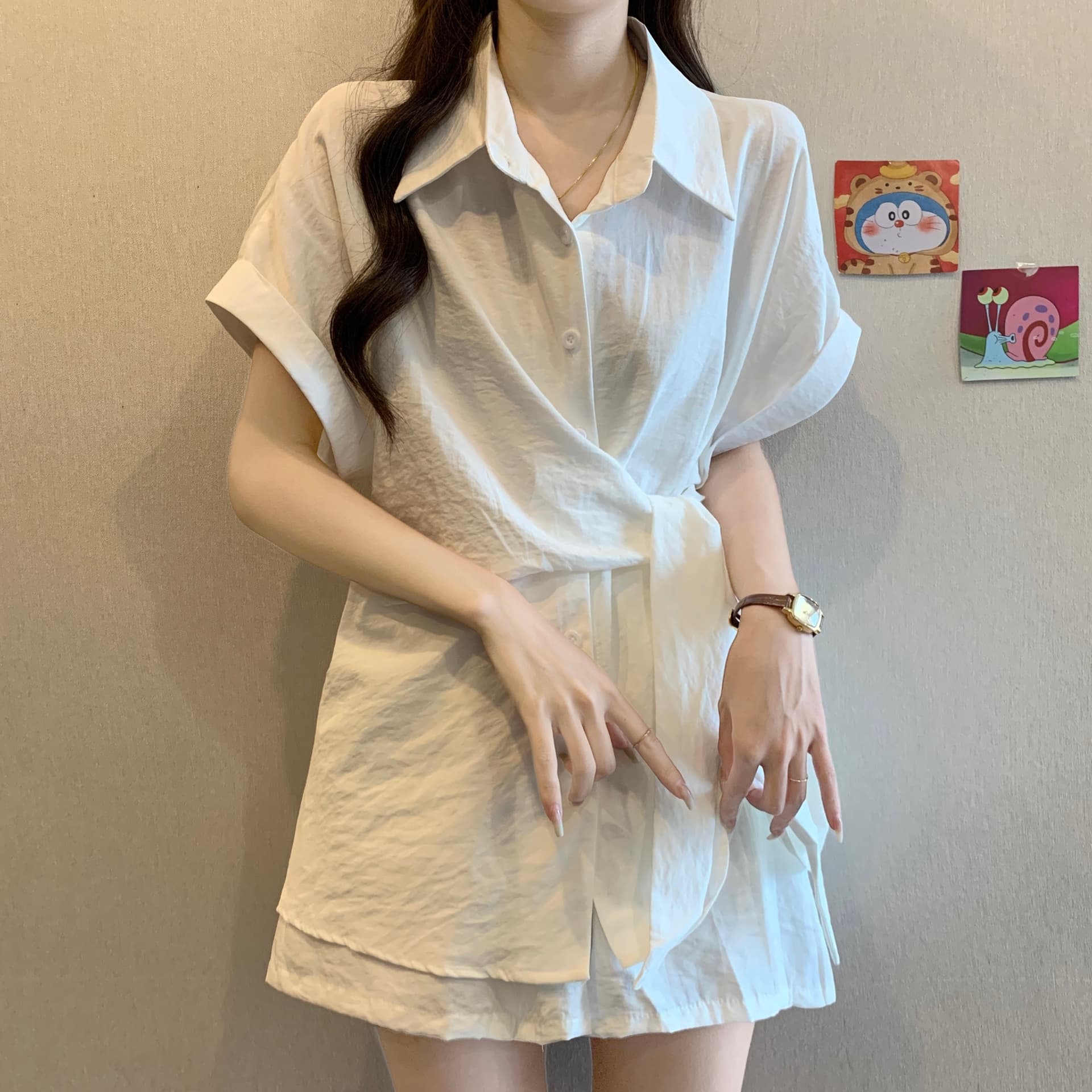 불규칙 레이스업 허리 수축 셔츠 반바지 세트 여성 여름 빅 사이즈 통통한 여동생 패션 품격 슬림해 보이는 투피스 세트 상세 이미지 19