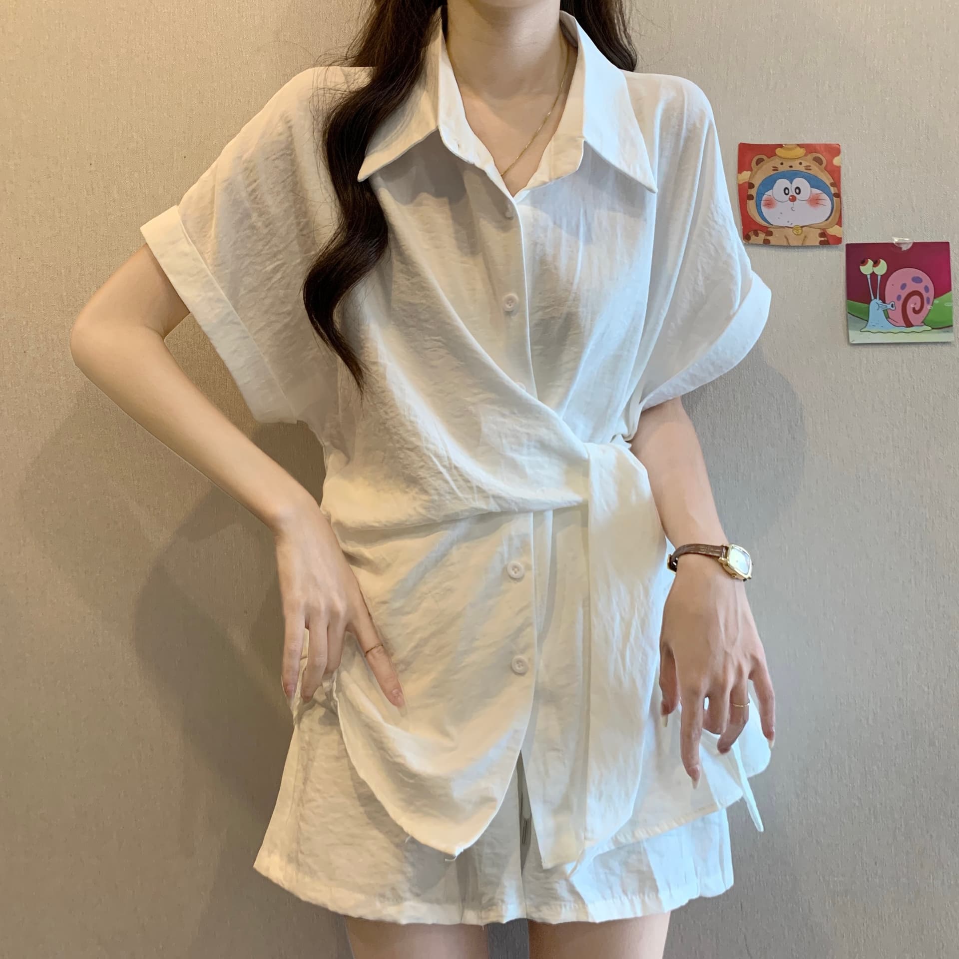 불규칙 레이스업 허리 수축 셔츠 반바지 세트 여성 여름 빅 사이즈 통통한 여동생 패션 품격 슬림해 보이는 투피스 세트 상세 이미지 20