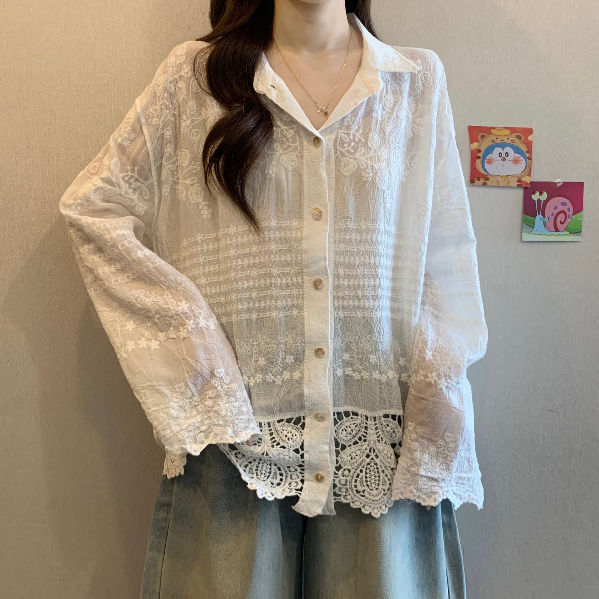 고급 센스 레이스 자카드 긴팔 화이트 여성 셔츠 봄 가을 빅 사이즈 지방 mm 루즈핏 표지 배 POLO 칼라 맨위 상세 이미지 5