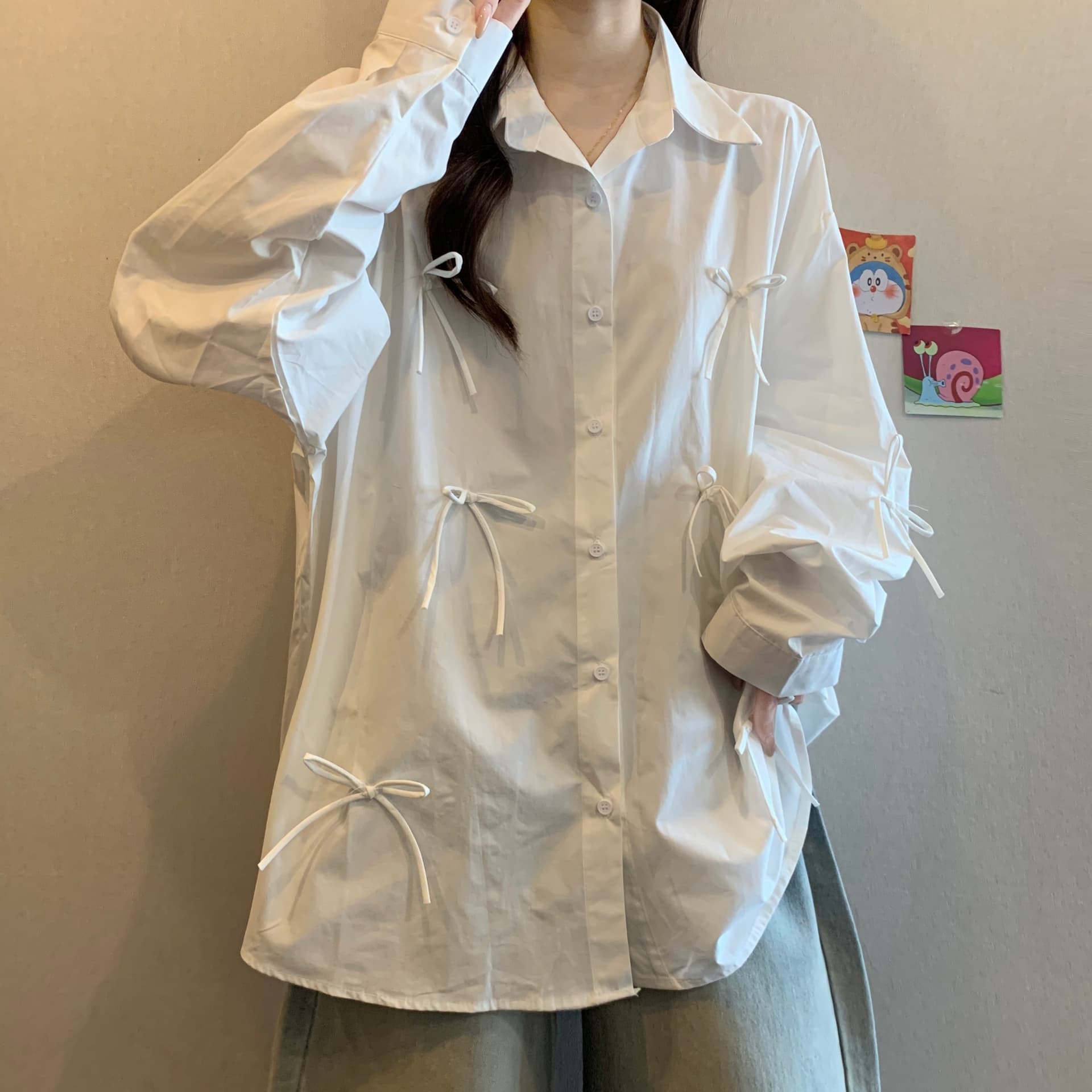 빅 사이즈 지방 mm 3 차원 나비 매듭 셔츠 여성 코트 봄 가을 셔츠 오픈 가디건 느긋한 바람 루즈핏 긴팔 맨위 상세 이미지 2