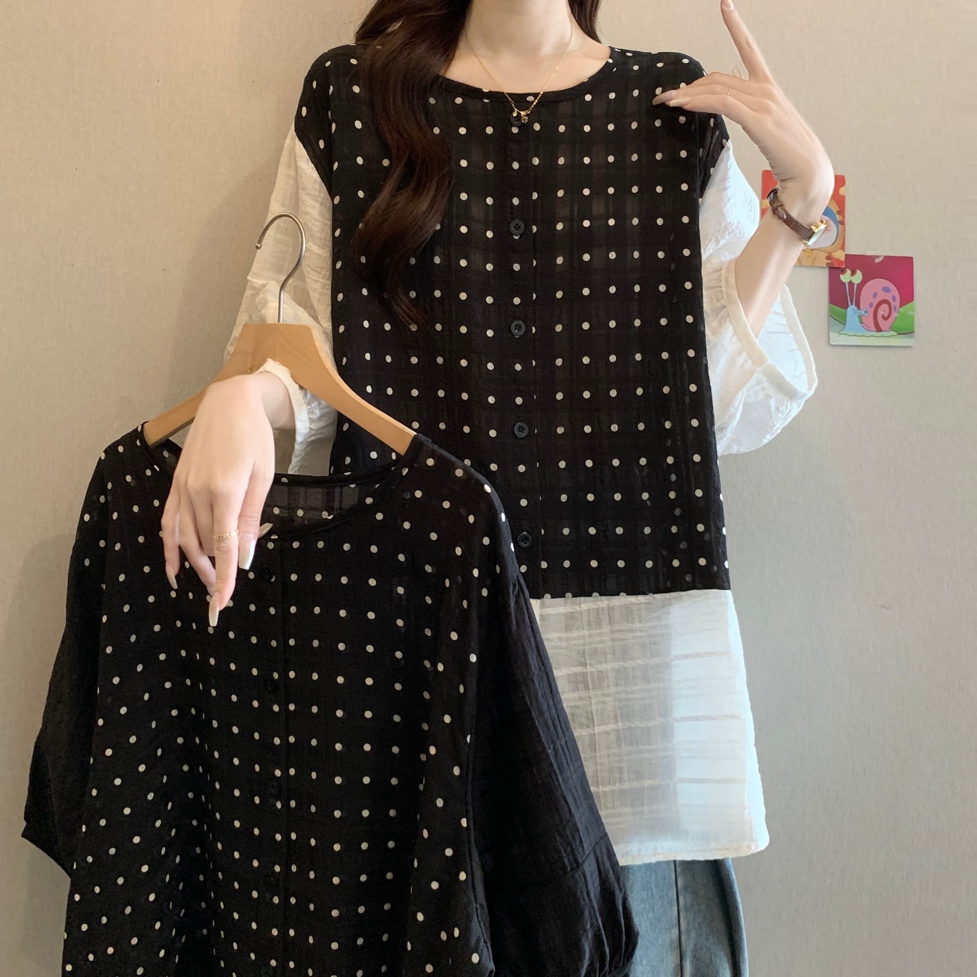 빅 사이즈 루즈핏 한국 스타일 페이크 레이어드 반팔 파란색 인형 셔츠 라운드 넥 셔츠 티셔츠 개성 디자인 센스 맨위 상세 이미지 7