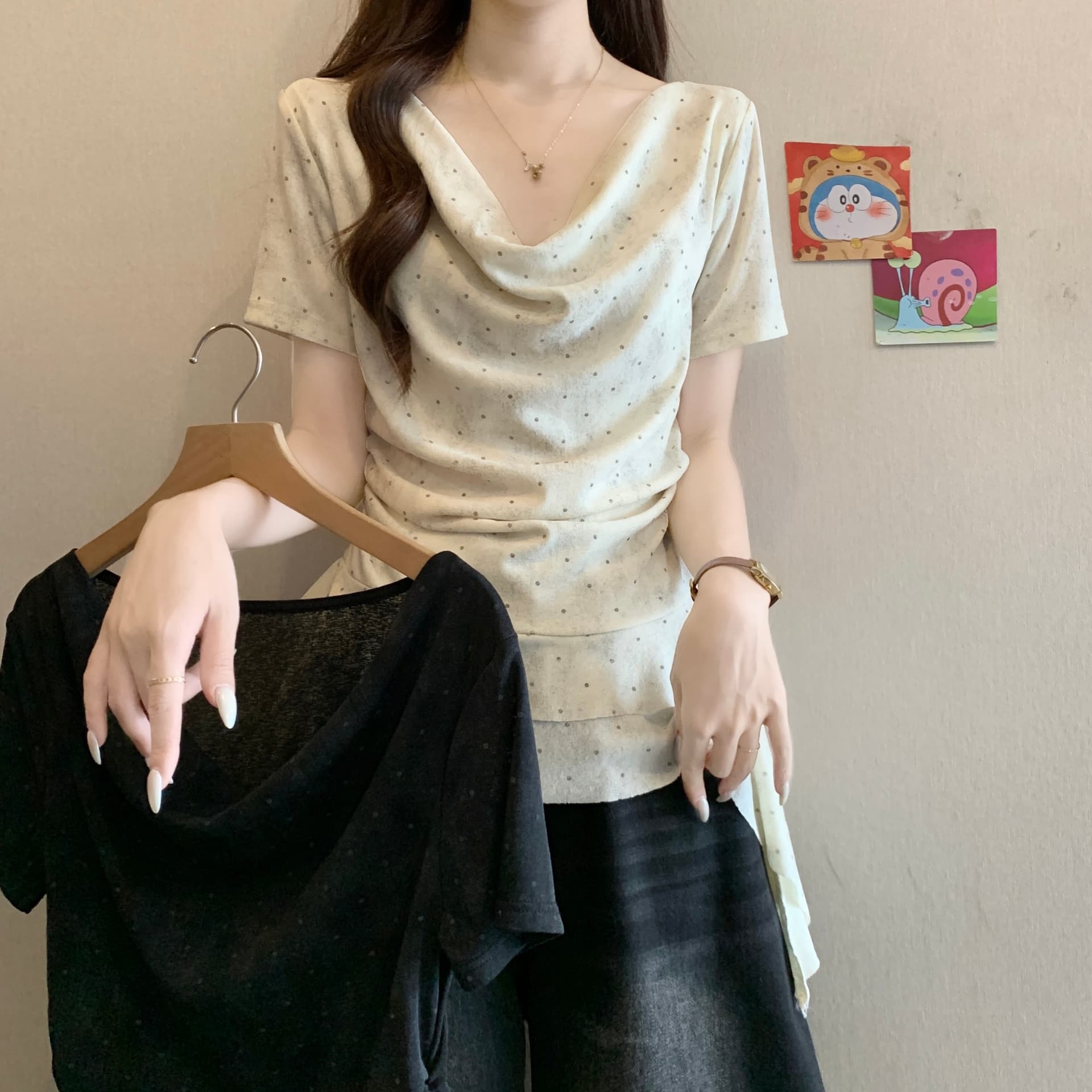 빅 사이즈 지방 mm 프랑스식 주름 흔들다 칼라 슬림해 보이는 반팔 티셔츠 여성 여름 허리 수축 비틀림 디자인 센스 맨위 상세 이미지 8