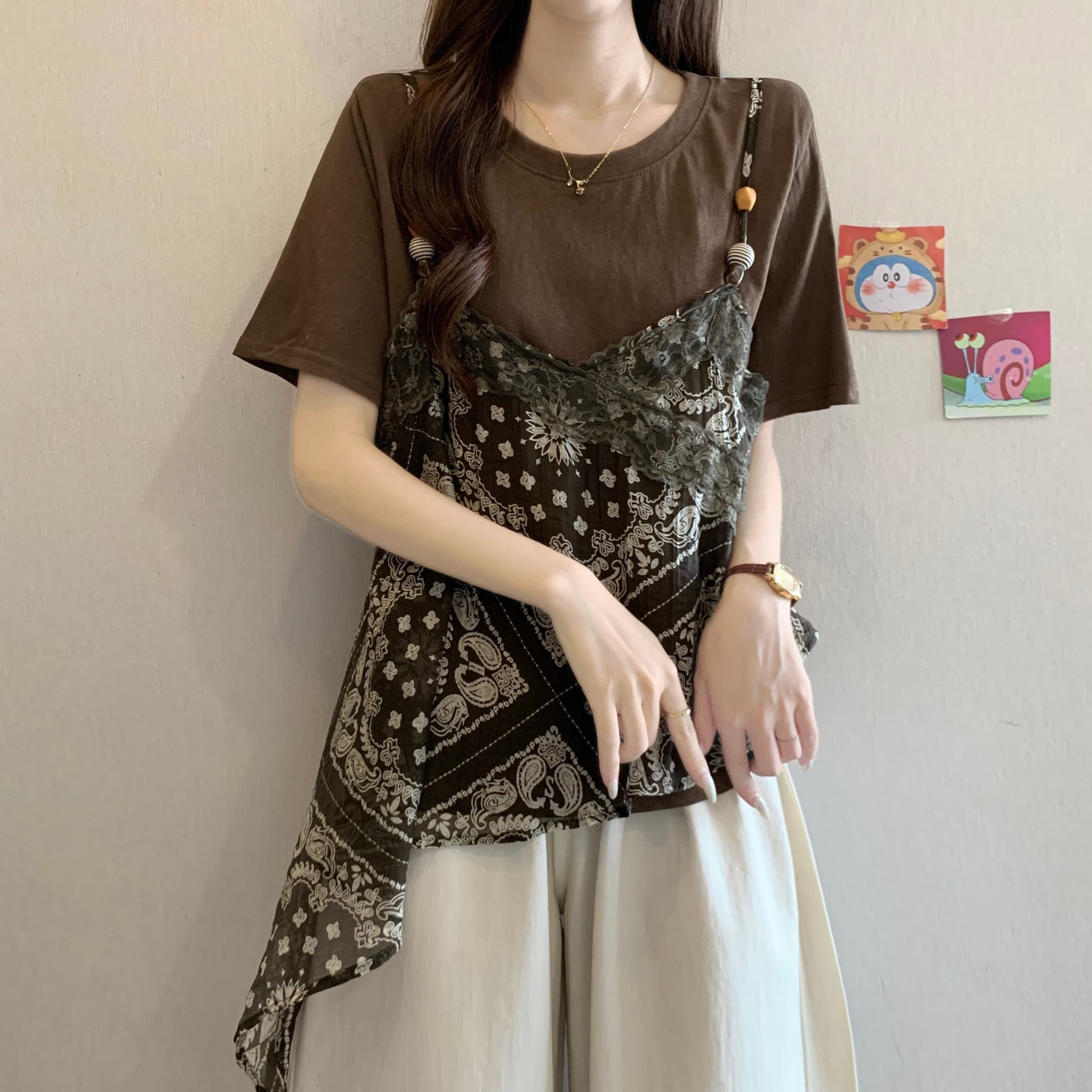 레이스 꽃무늬 슬립 페이크 레이어드 반팔 티셔츠 여성 여름 새로운 빅 사이즈 지방 mm 슈퍼 화재 연령 감소 슬림해 보이는 맨위 상세 이미지 9