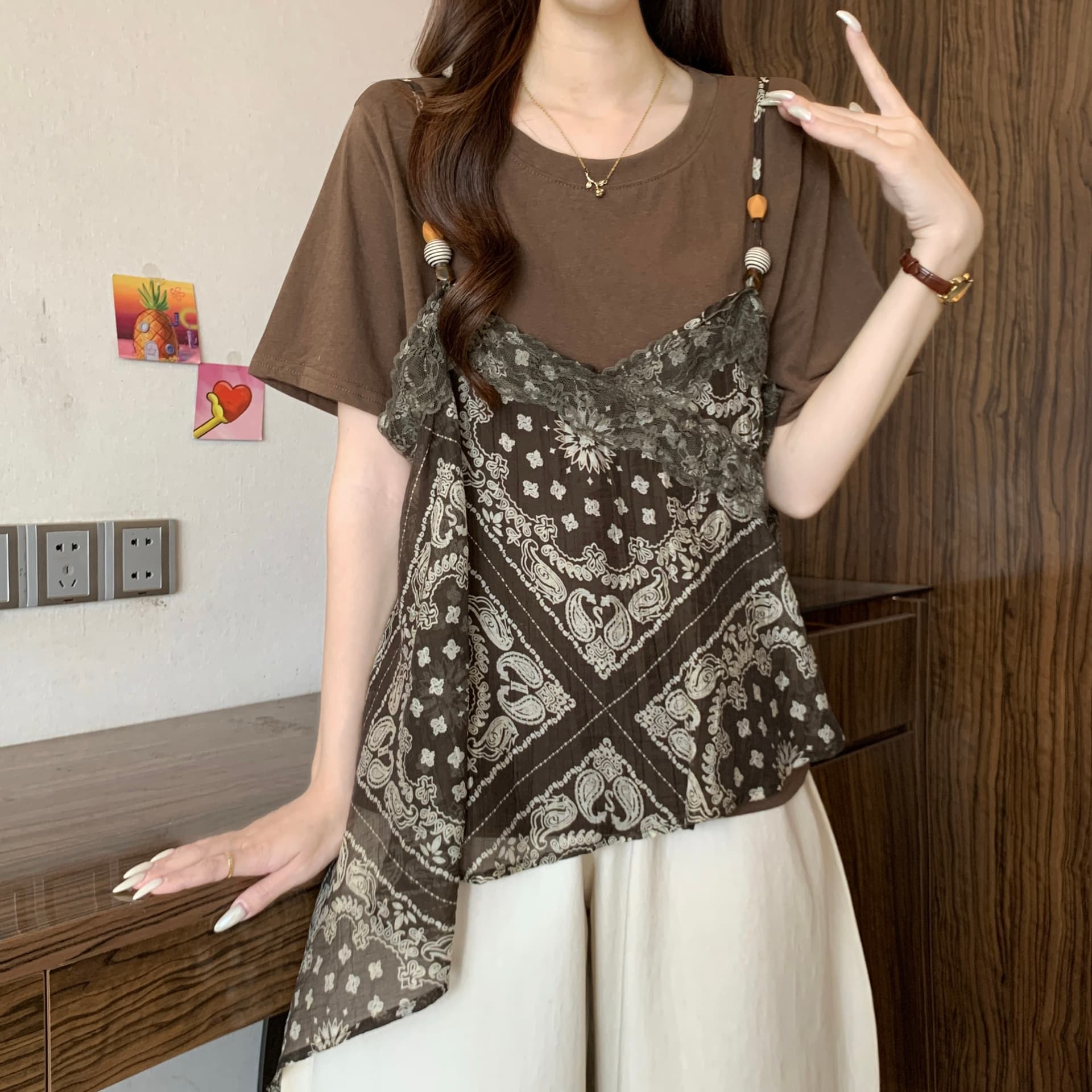 레이스 꽃무늬 슬립 페이크 레이어드 반팔 티셔츠 여성 여름 새로운 빅 사이즈 지방 mm 슈퍼 화재 연령 감소 슬림해 보이는 맨위 상세 이미지 11