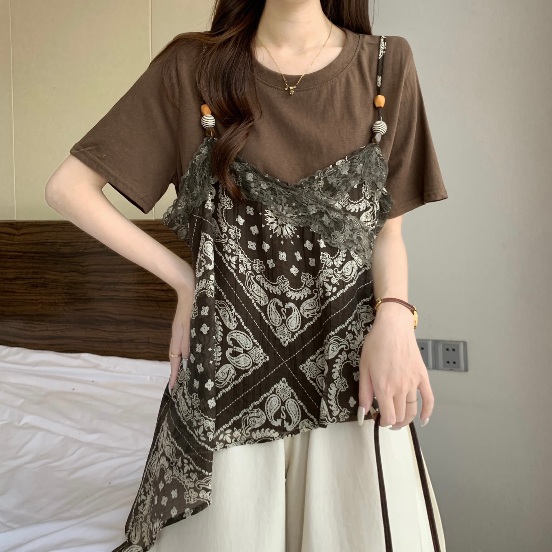 레이스 꽃무늬 슬립 페이크 레이어드 반팔 티셔츠 여성 여름 새로운 빅 사이즈 지방 mm 슈퍼 화재 연령 감소 슬림해 보이는 맨위 상세 이미지 13
