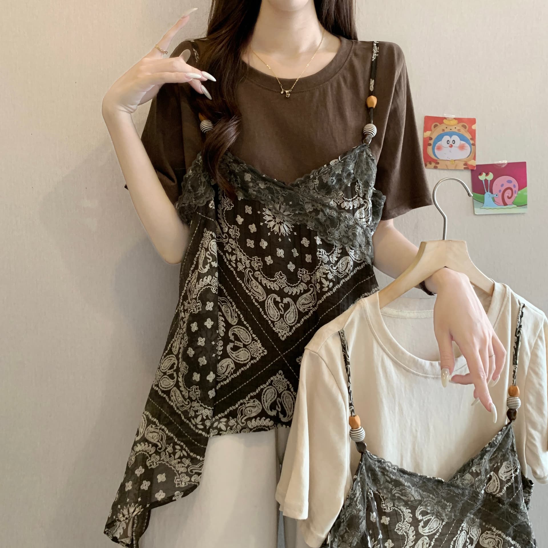 레이스 꽃무늬 슬립 페이크 레이어드 반팔 티셔츠 여성 여름 새로운 빅 사이즈 지방 mm 슈퍼 화재 연령 감소 슬림해 보이는 맨위 상세 이미지 15