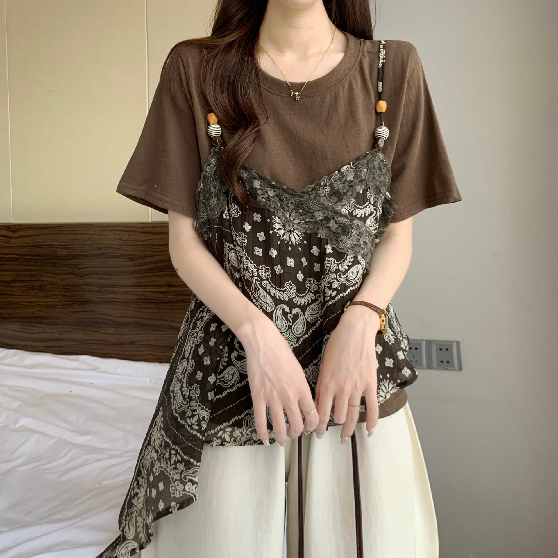 레이스 꽃무늬 슬립 페이크 레이어드 반팔 티셔츠 여성 여름 새로운 빅 사이즈 지방 mm 슈퍼 화재 연령 감소 슬림해 보이는 맨위 상세 이미지 16
