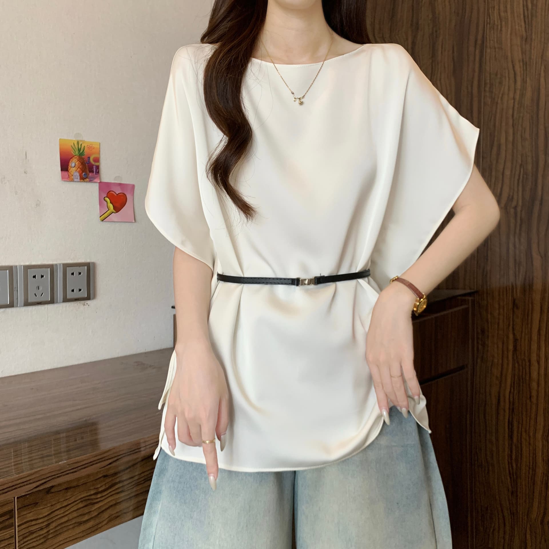 고급 센스 아세트산 새틴 긍정적 인 어깨 반팔 티셔츠 여성 2026 여름 새로운 빅 사이즈 지방 mm 허리 수축 불규칙 맨위 상세 이미지 10