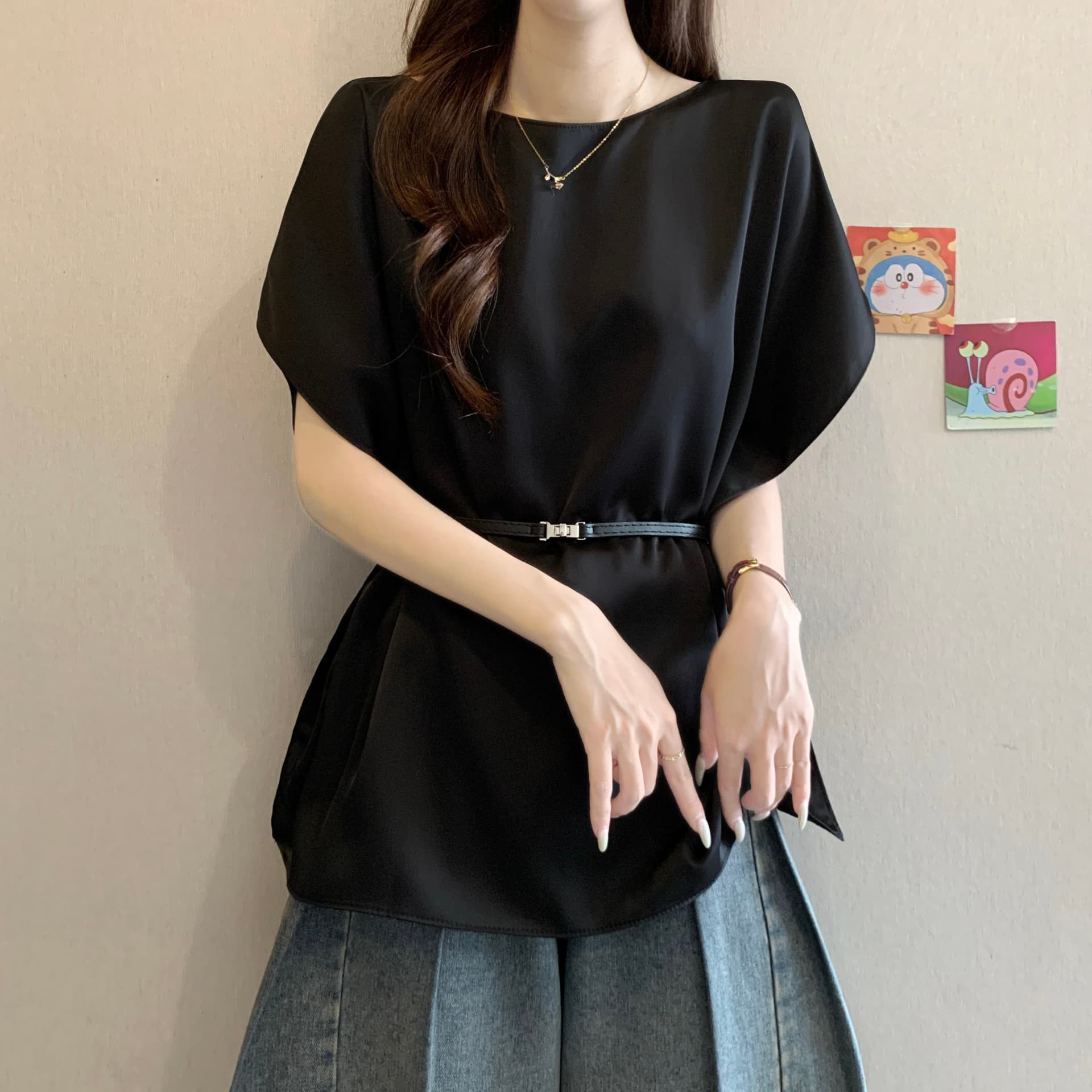 고급 센스 아세트산 새틴 긍정적 인 어깨 반팔 티셔츠 여성 2026 여름 새로운 빅 사이즈 지방 mm 허리 수축 불규칙 맨위 상세 이미지 15