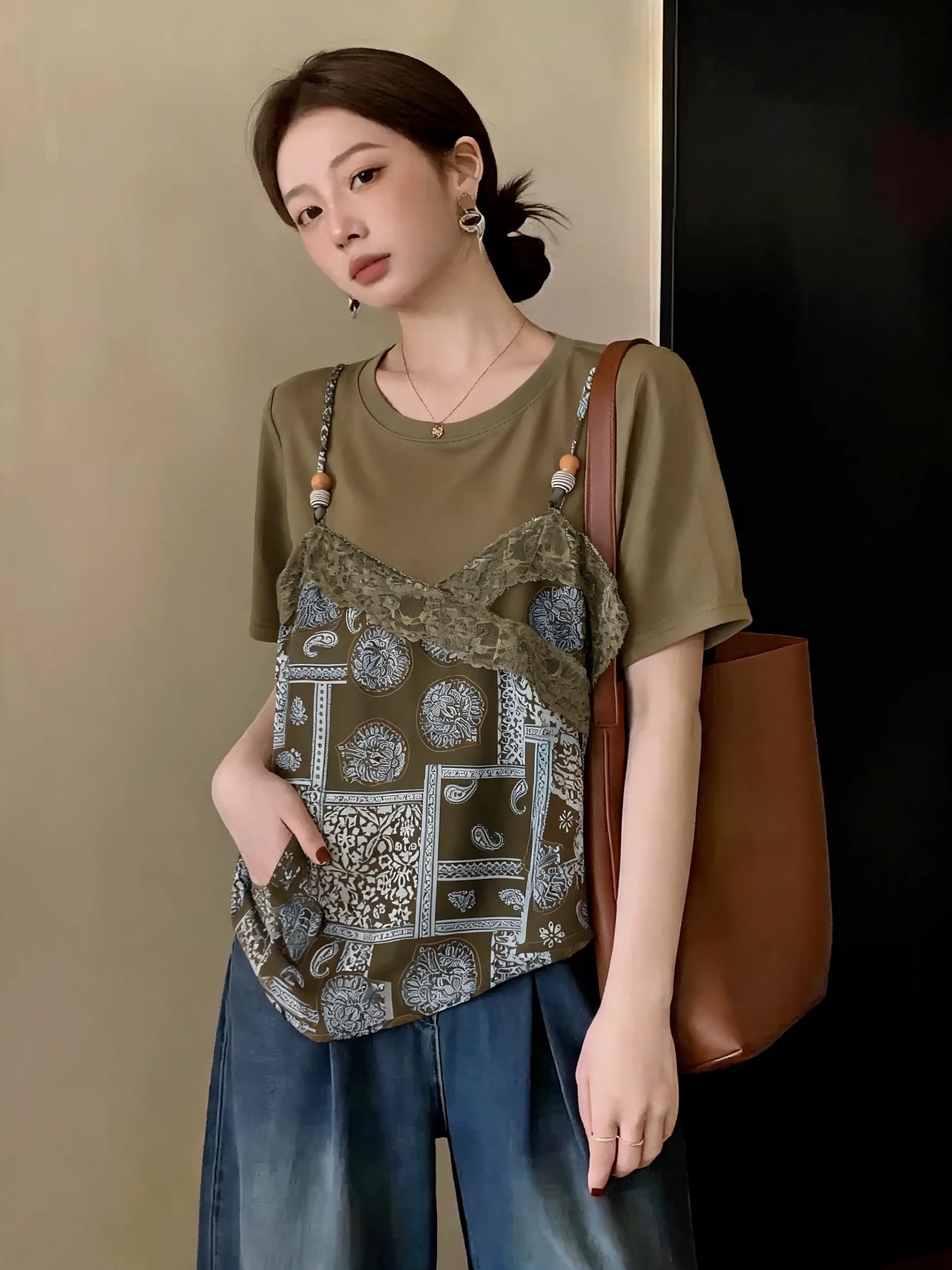 레이스 꽃무늬 슬립 페이크 레이어드 반팔 티셔츠 여성 여름 새로운 빅 사이즈 지방 mm 슈퍼 화재 연령 감소 슬림해 보이는 맨위 상세 이미지 1