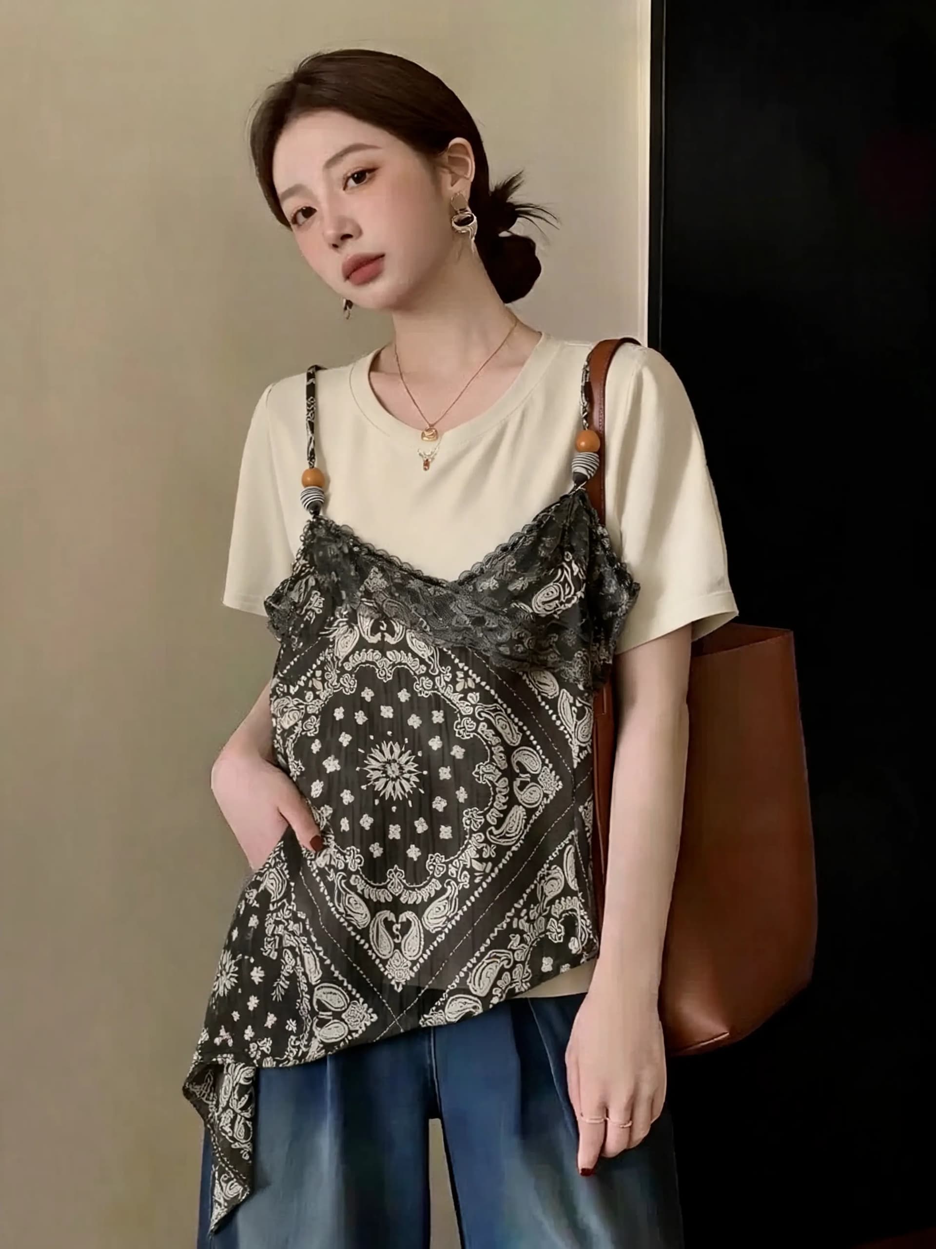 레이스 꽃무늬 슬립 페이크 레이어드 반팔 티셔츠 여성 여름 새로운 빅 사이즈 지방 mm 슈퍼 화재 연령 감소 슬림해 보이는 맨위 상세 이미지 3
