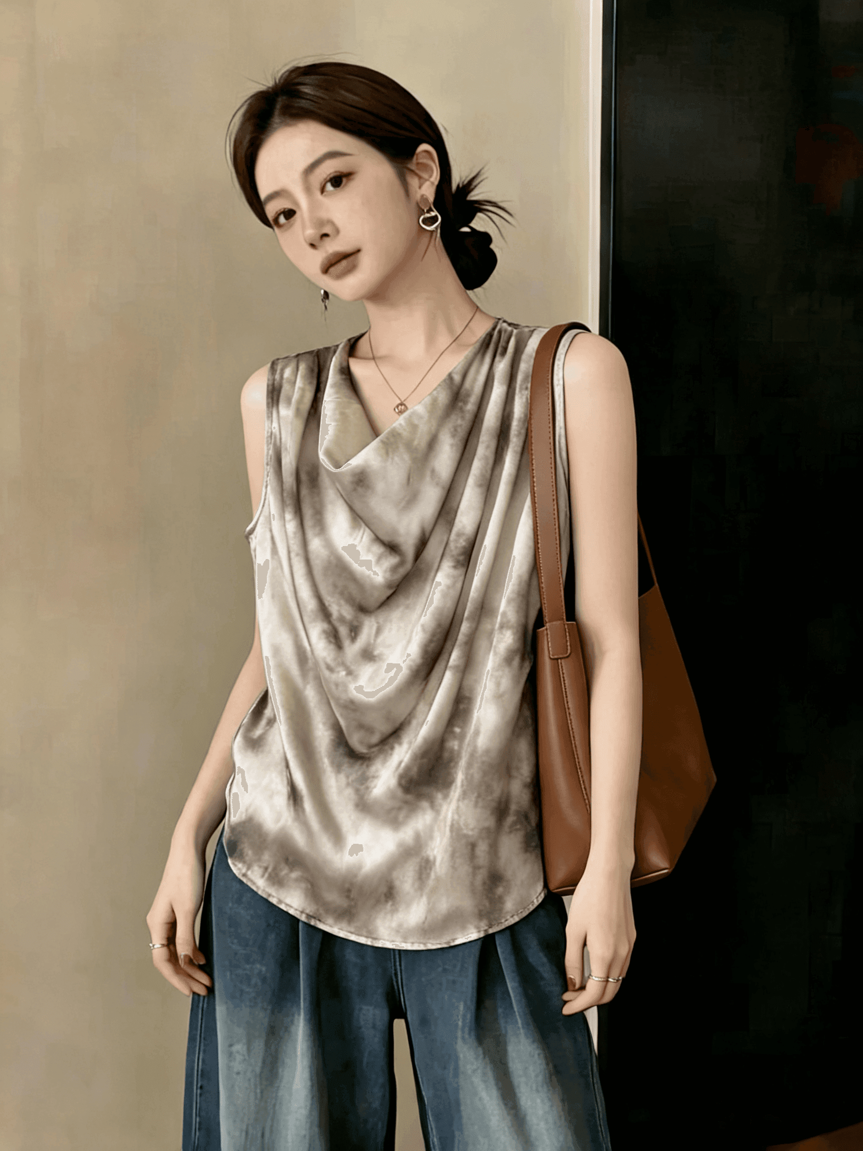빅 사이즈 지방 mm 캐주얼 홀치기 염색 흔들다 칼라 몸매 가꾸기 불규칙 디자인 반팔 티셔츠 미니멀리즘 민소매 조끼 표지 고기 의류 이미지 2