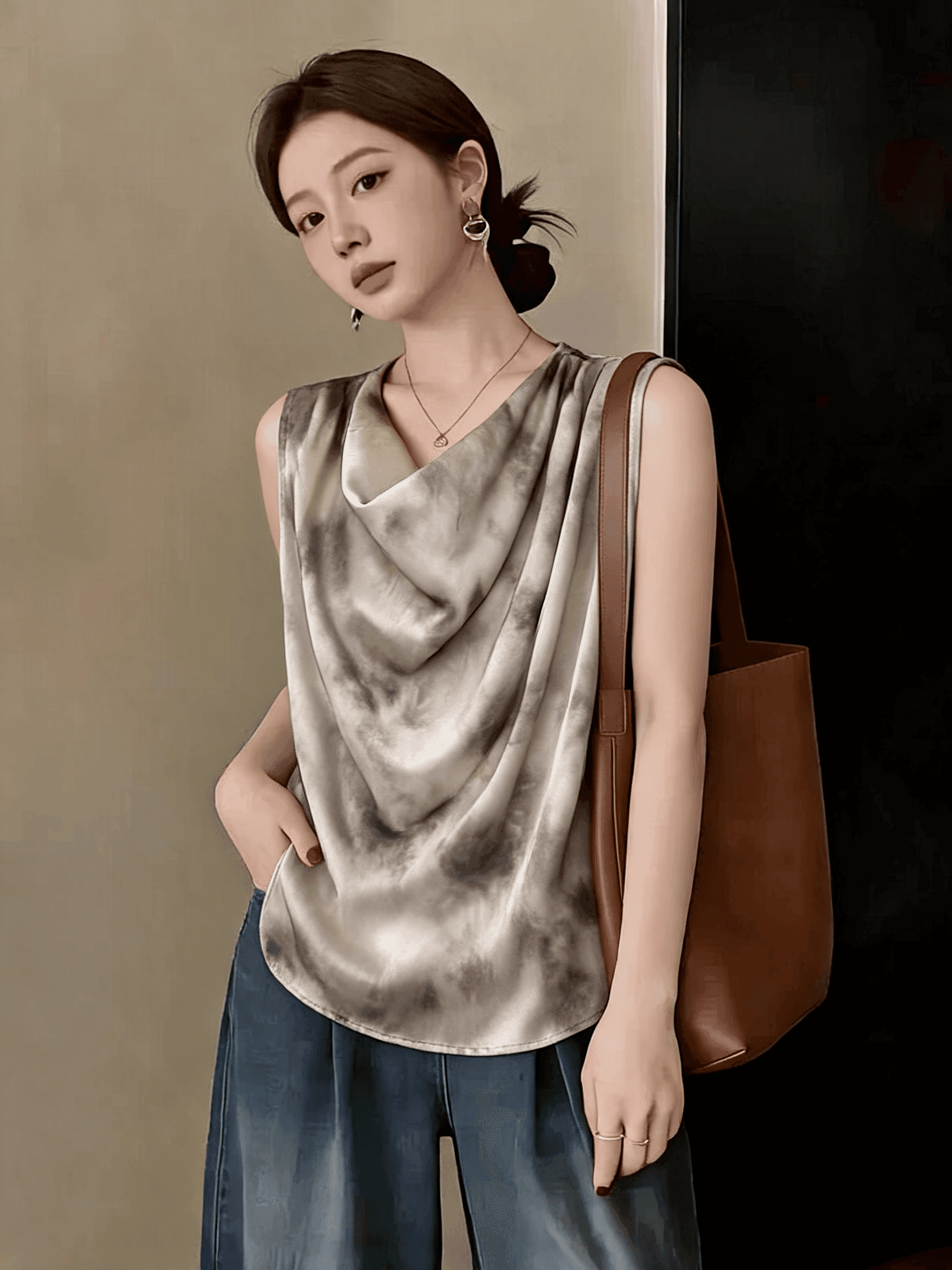 빅 사이즈 지방 mm 캐주얼 홀치기 염색 흔들다 칼라 몸매 가꾸기 불규칙 디자인 반팔 티셔츠 미니멀리즘 민소매 조끼 표지 고기 의류 이미지 3