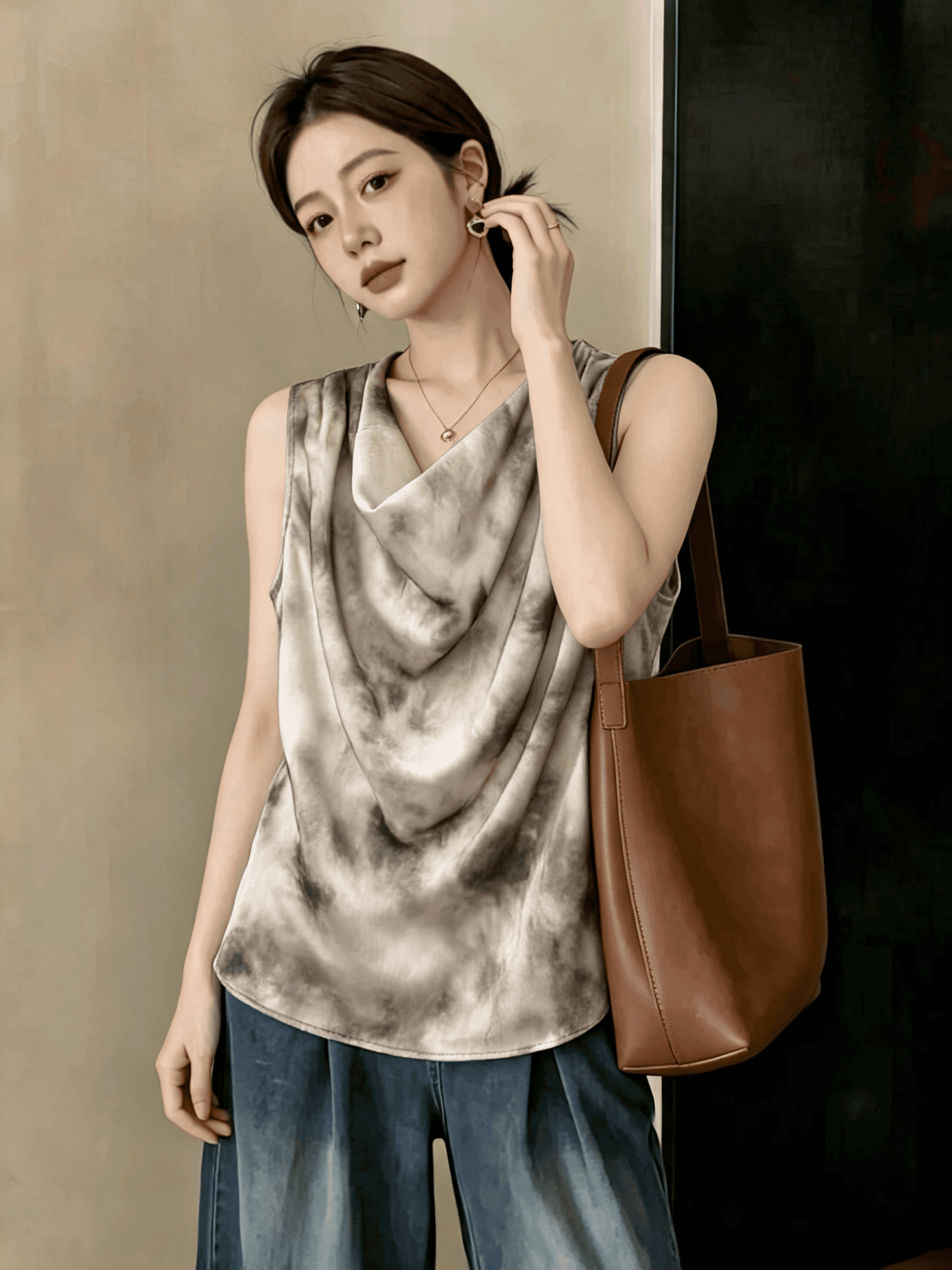 빅 사이즈 지방 mm 캐주얼 홀치기 염색 흔들다 칼라 몸매 가꾸기 불규칙 디자인 반팔 티셔츠 미니멀리즘 민소매 조끼 표지 고기 의류 상세 이미지 3