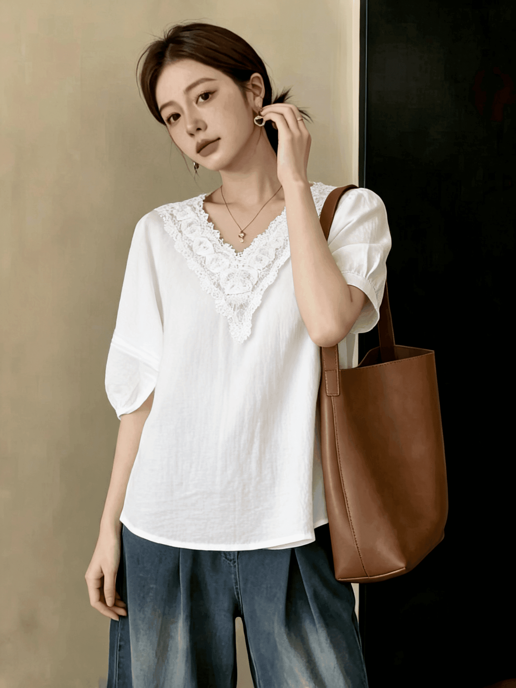 빅 사이즈 지방 mm 여름 새로운 여성 프랑스식 꼬집기 허리 레이스 화이트 맨위 버블 반팔 풀오버 셔츠 반팔 티셔츠