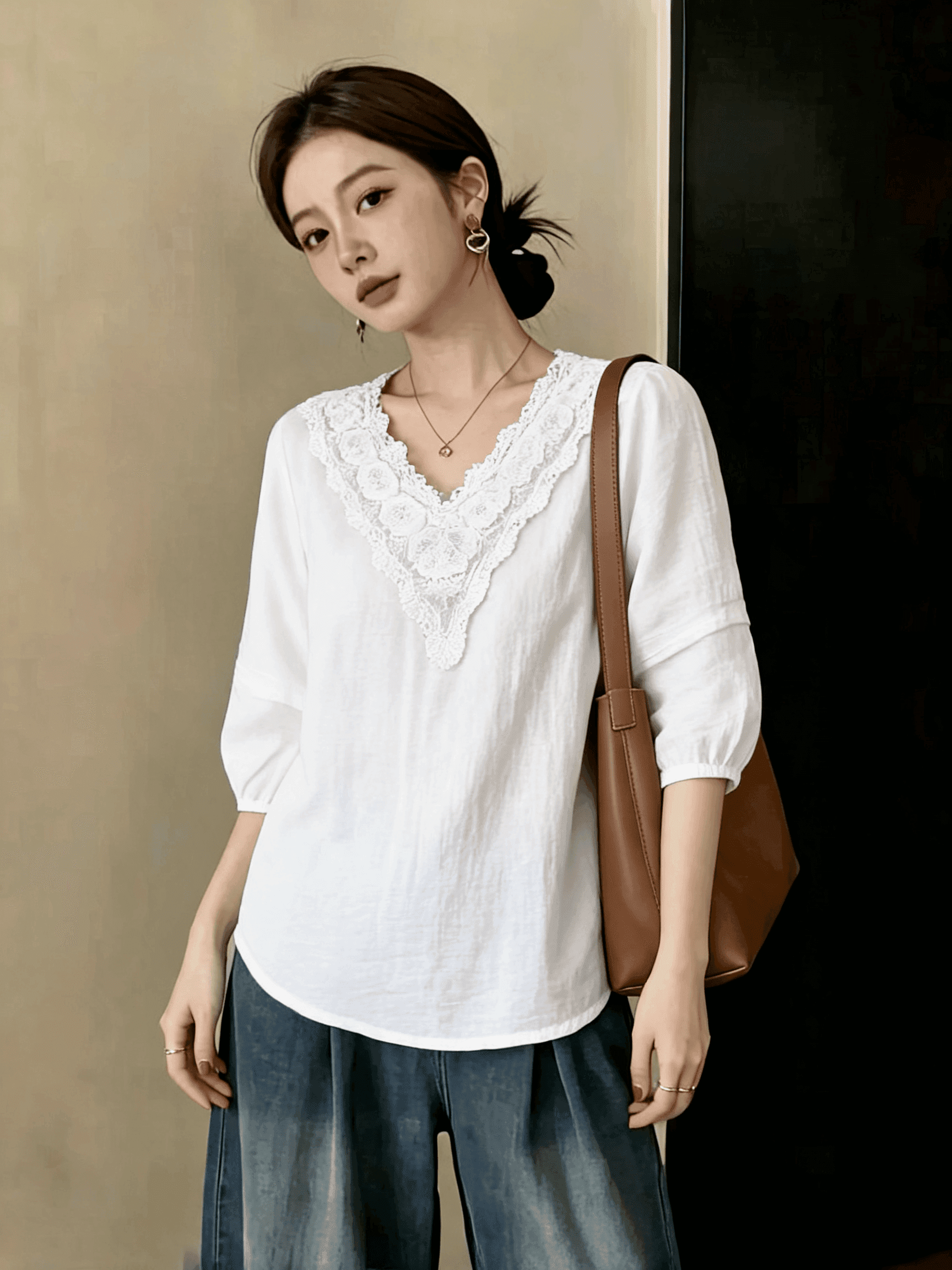 빅 사이즈 지방 mm 여름 새로운 여성 프랑스식 꼬집기 허리 레이스 화이트 맨위 버블 반팔 풀오버 셔츠 반팔 티셔츠 상세 이미지 2