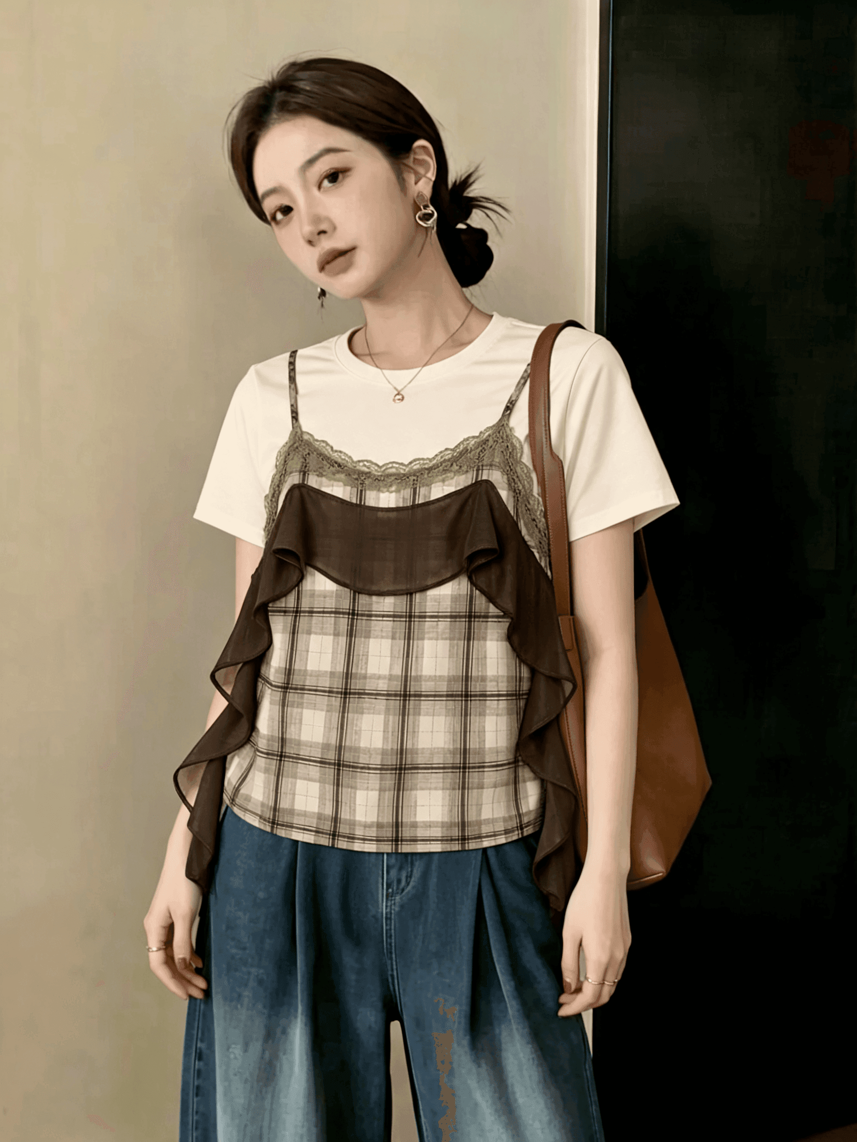 빅 사이즈 지방 mm 새로운 여름 패션 소녀 바람 페이크 레이어드 반팔 티셔츠 다용도 슬림해 보이는 불규칙 미니멀리즘 맨위 이미지 3