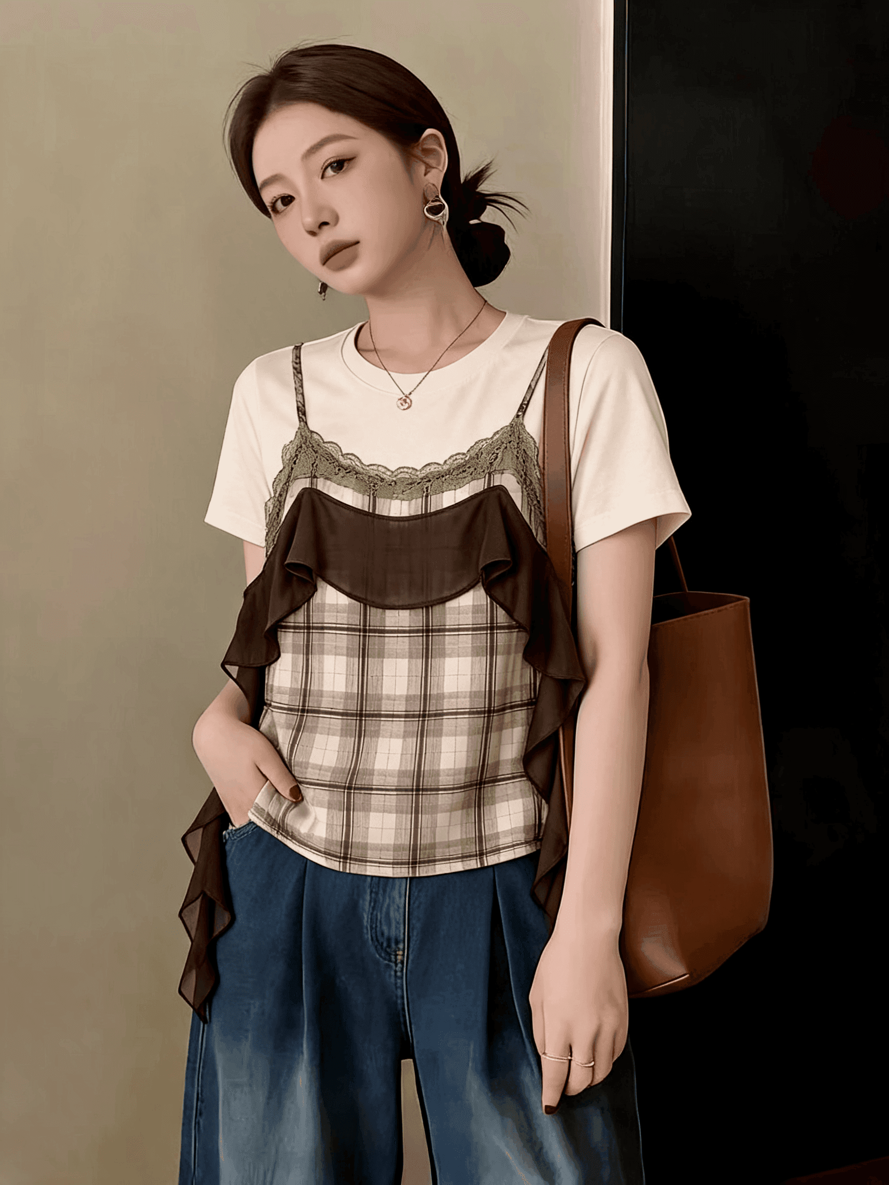 빅 사이즈 지방 mm 새로운 여름 패션 소녀 바람 페이크 레이어드 반팔 티셔츠 다용도 슬림해 보이는 불규칙 미니멀리즘 맨위 상세 이미지 2
