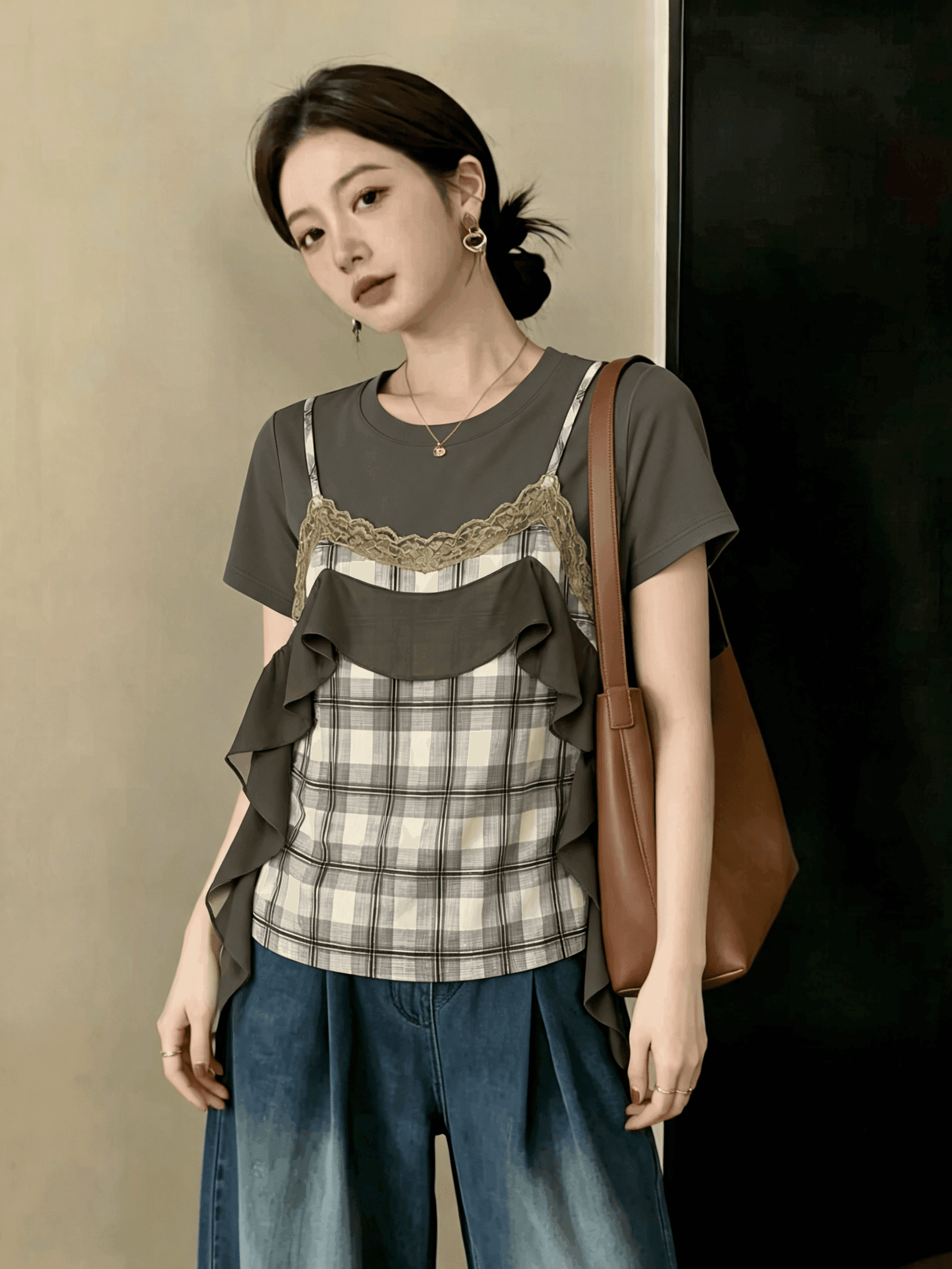 빅 사이즈 지방 mm 새로운 여름 패션 소녀 바람 페이크 레이어드 반팔 티셔츠 다용도 슬림해 보이는 불규칙 미니멀리즘 맨위 상세 이미지 4