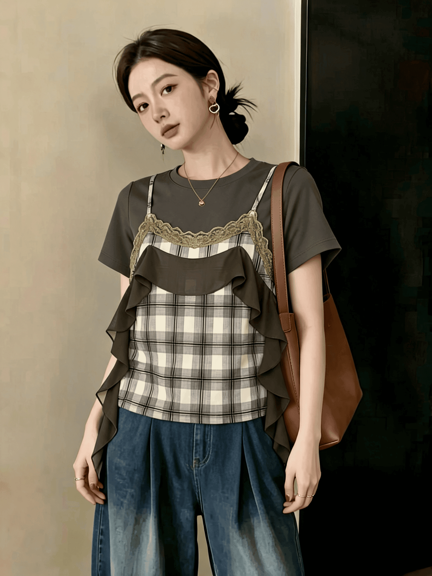 빅 사이즈 지방 mm 새로운 여름 패션 소녀 바람 페이크 레이어드 반팔 티셔츠 다용도 슬림해 보이는 불규칙 미니멀리즘 맨위 상세 이미지 5