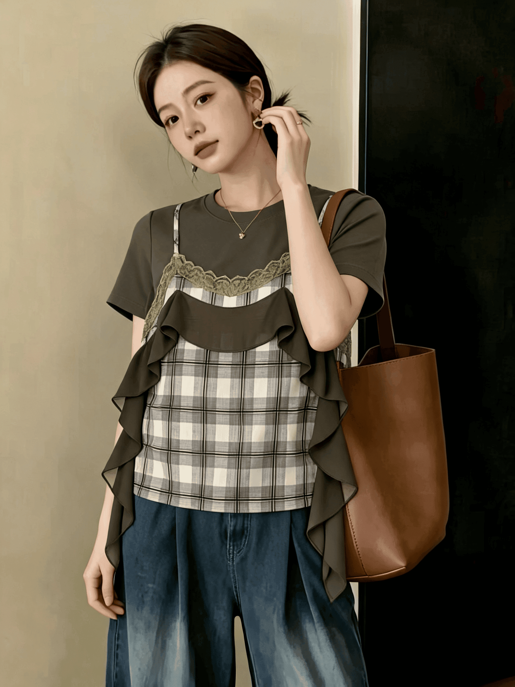 빅 사이즈 지방 mm 새로운 여름 패션 소녀 바람 페이크 레이어드 반팔 티셔츠 다용도 슬림해 보이는 불규칙 미니멀리즘 맨위 상세 이미지 6